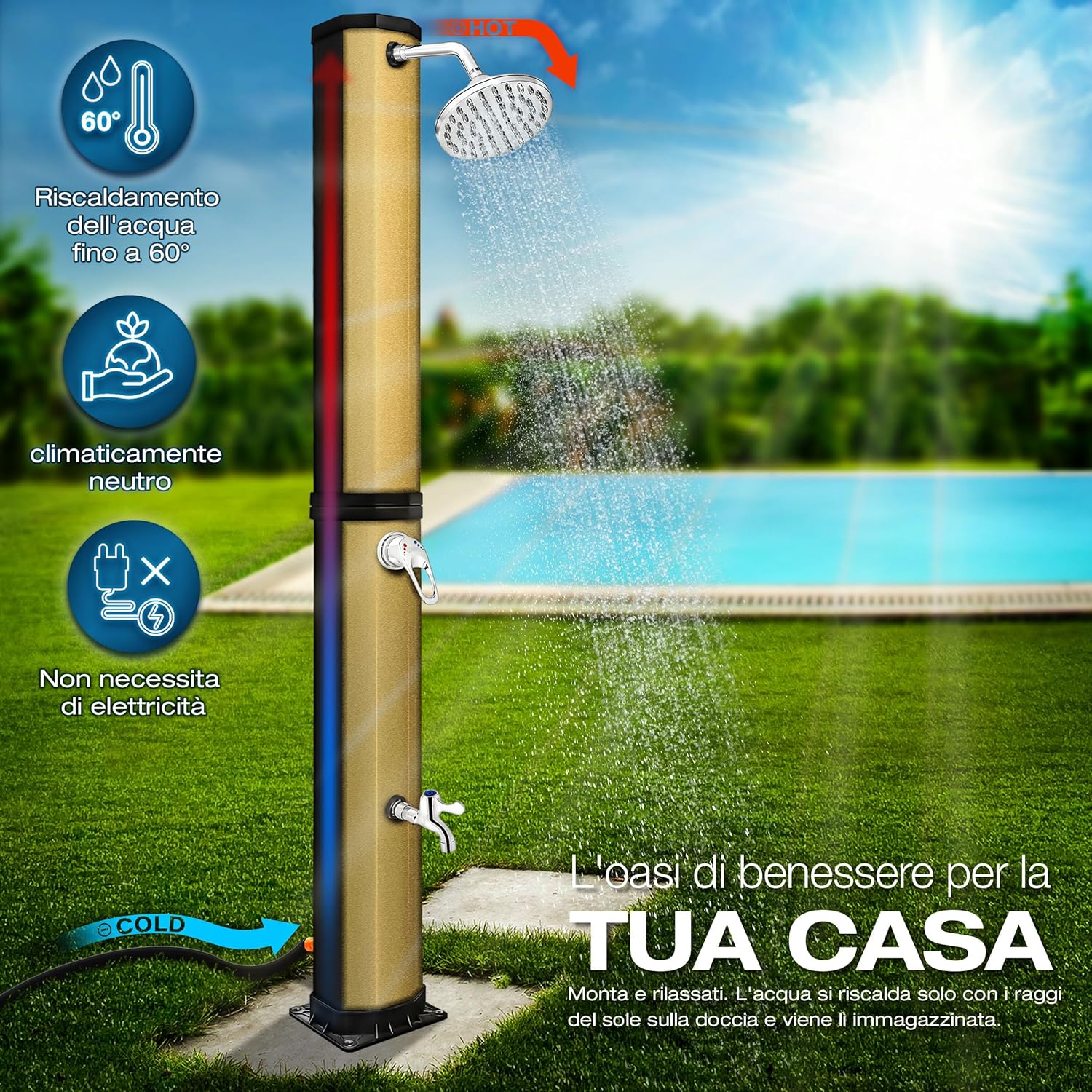 Thumbnail 2 de Tillvex Doccia Solare con Coperchio di Protezione, 35 L, Nero/Oro – Doccia da giardino a energia solare