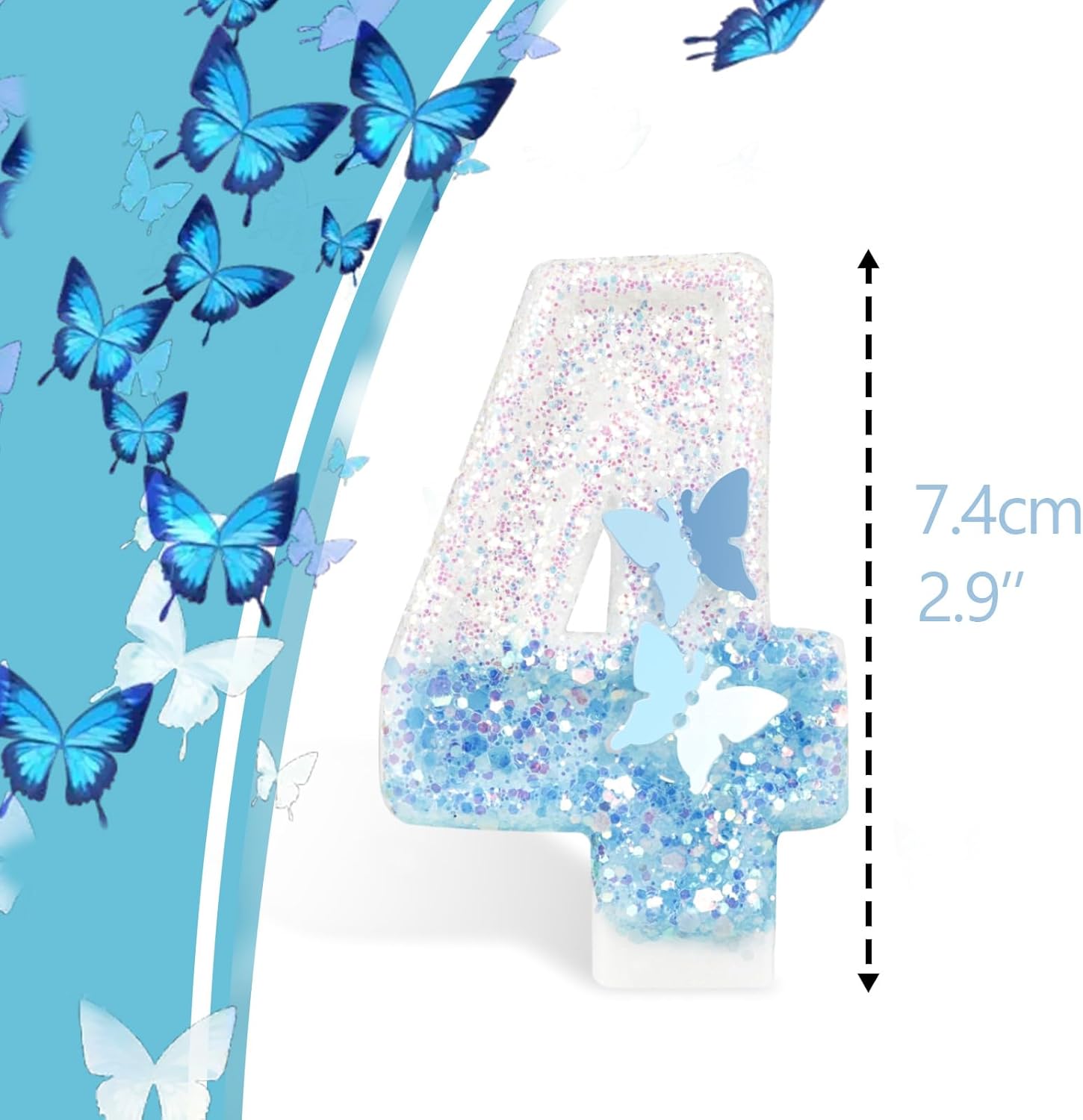Thumbnail 4 de Yiran Geburtstagskerzen „Zahlen 21“ mit Schmetterling & blaue Pailletten – personalisierte Kuchendeko