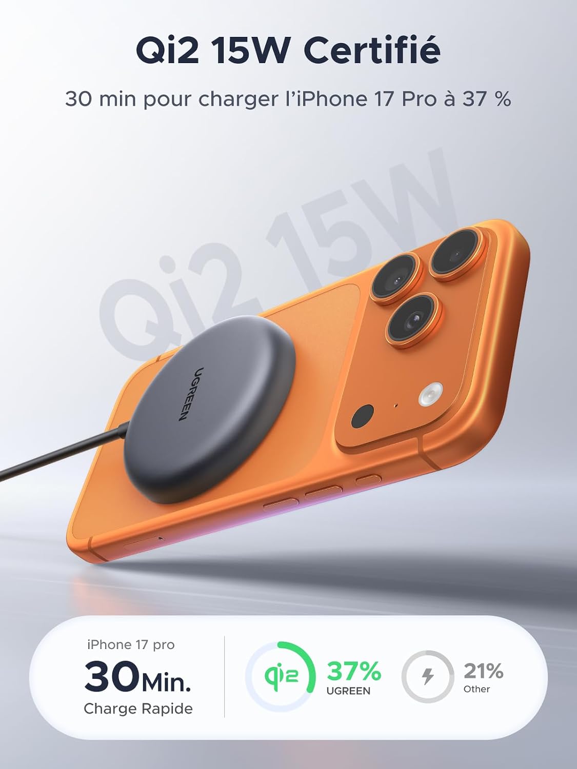 Thumbnail 1 de UGREEN Zapix Chargeur Induction MagSafe Qi2 15W – Compatible iPhone 12 à 17, câble 1,5 m (Lot de 1)