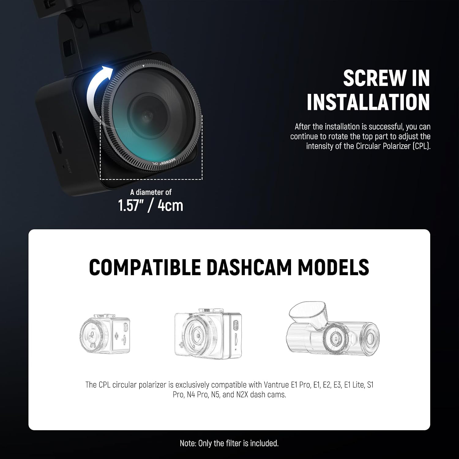 Detalle 2 de NEEWER 40mm CPL Filter for Vantrue dash cams (Ultra Slim Adjustable Polariser)