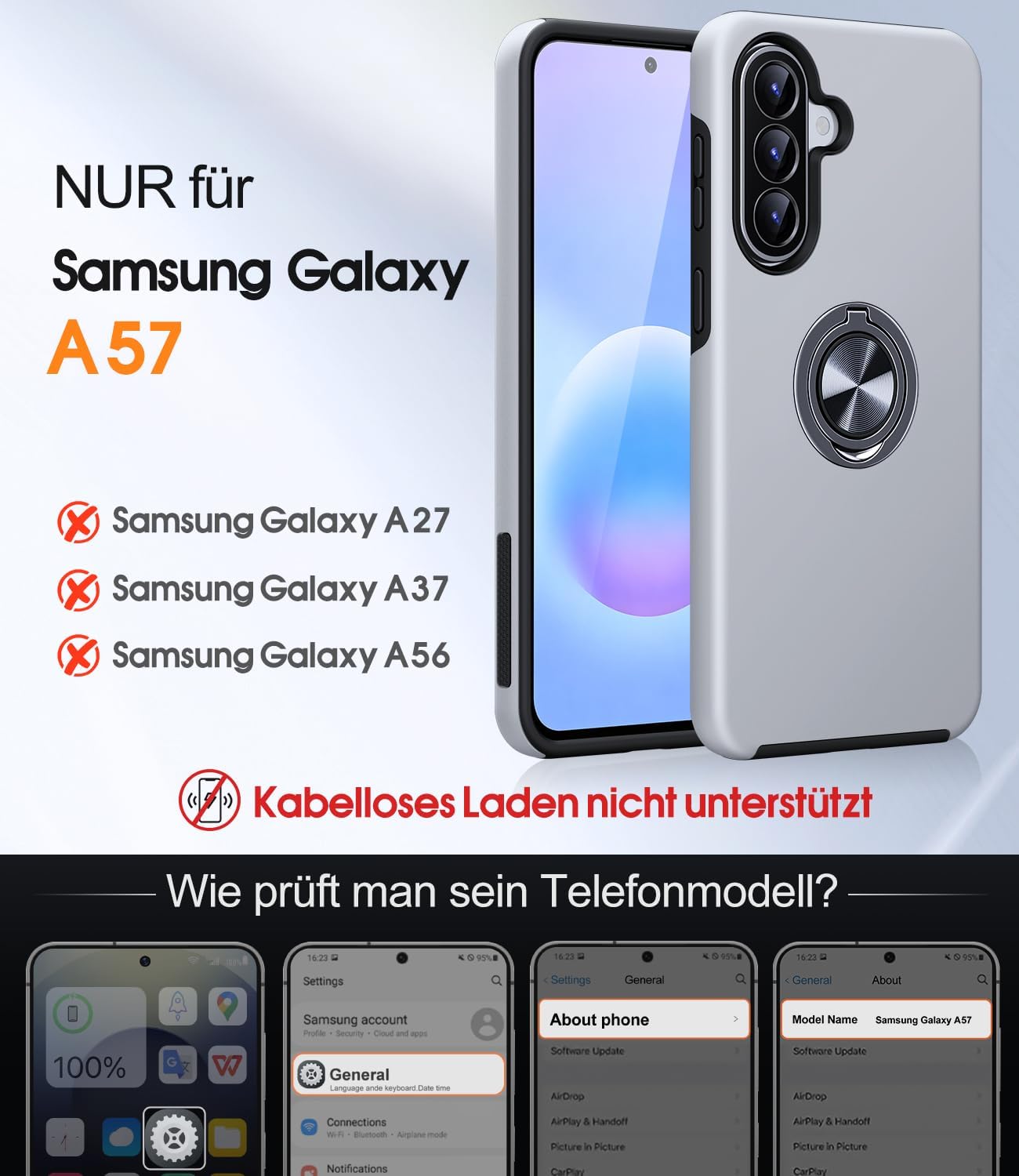 Detalle de AOUIA Hülle für Samsung Galaxy A57 5G mit 2 PanzerGlas‑Schutzplatten – Militärischer Stoßschutz, 360° Ringständer