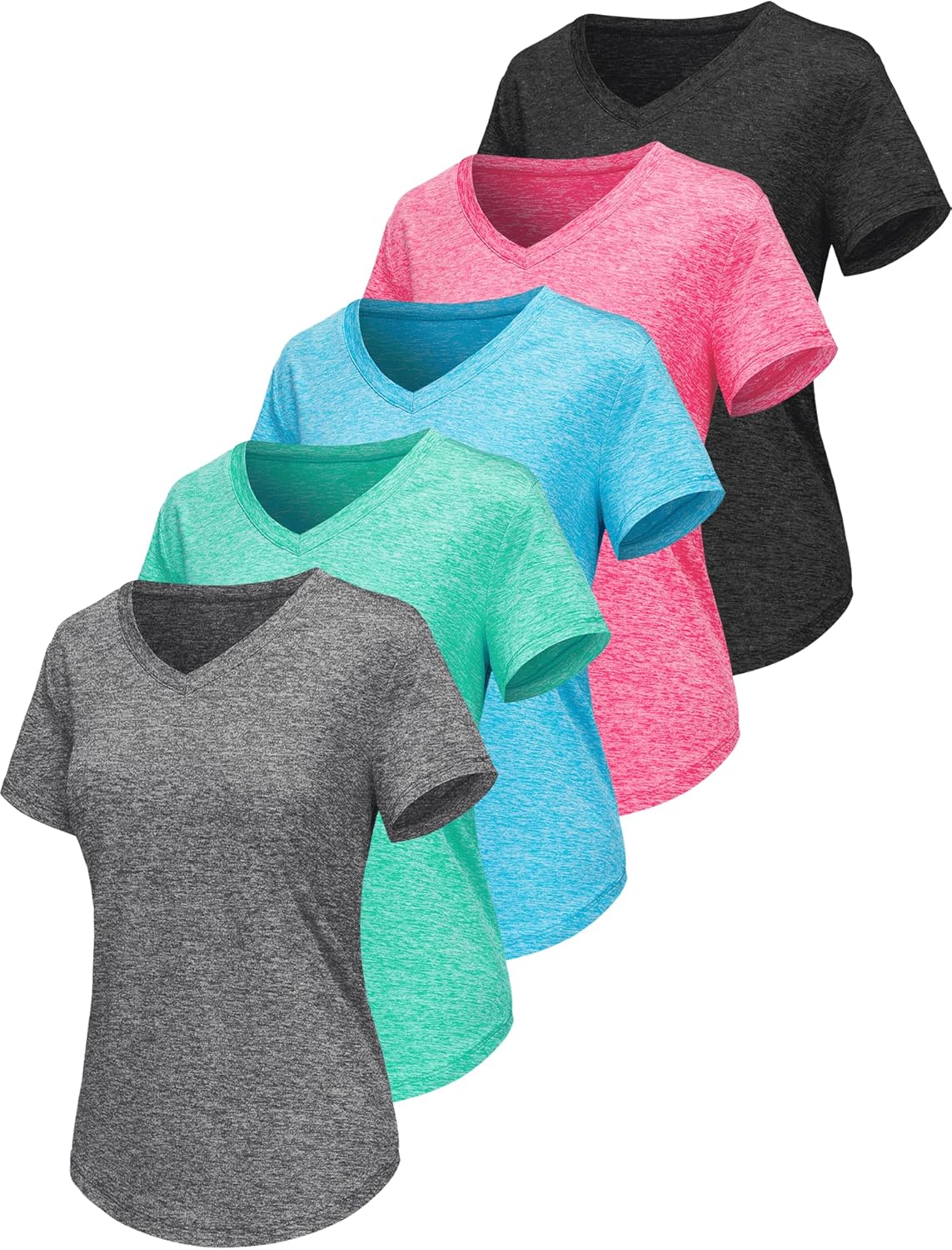 Detalle de Sportshirt Damen Kurzarm V-Ausschnitt UPF 50+ – atmungsaktives Fitness-T-Shirt im 5er-Pack