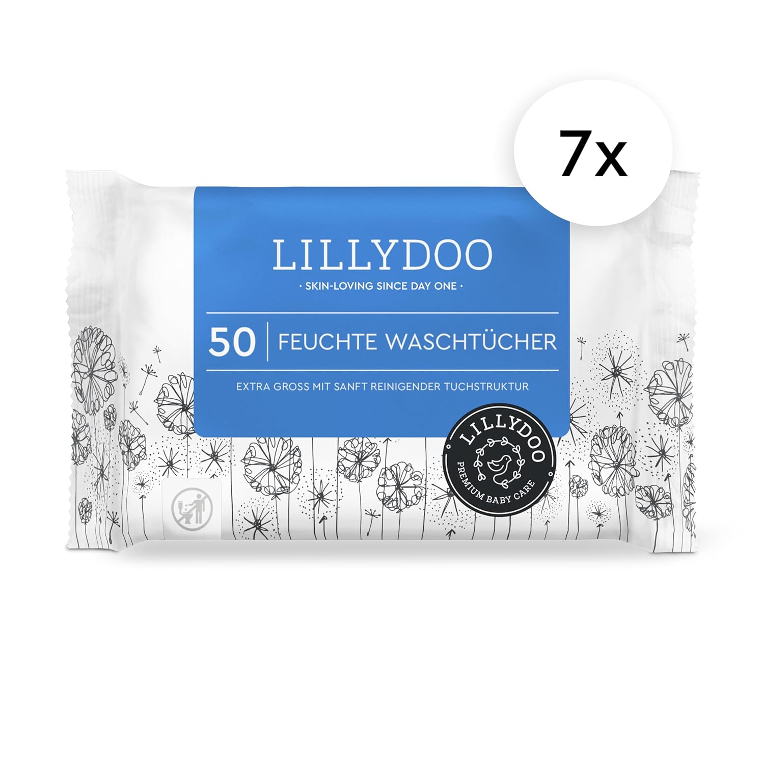 Detalle de LILLYDOO Feuchte Waschtücher 350 Stück (7 x 50) – 100% plastikfrei, extra großes Tuch, ohne Parfüme