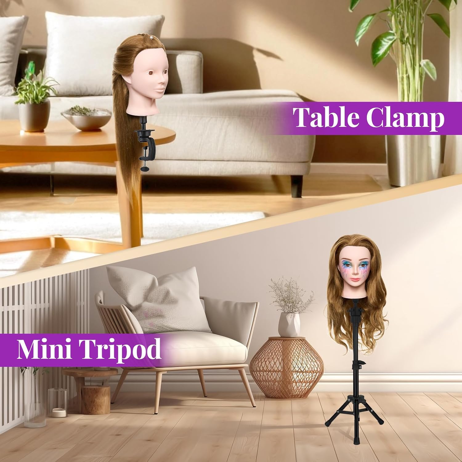 Detalle de Mannequin Head with 80% Real Human Hair + Tripod Stand for Hair Styling and Training