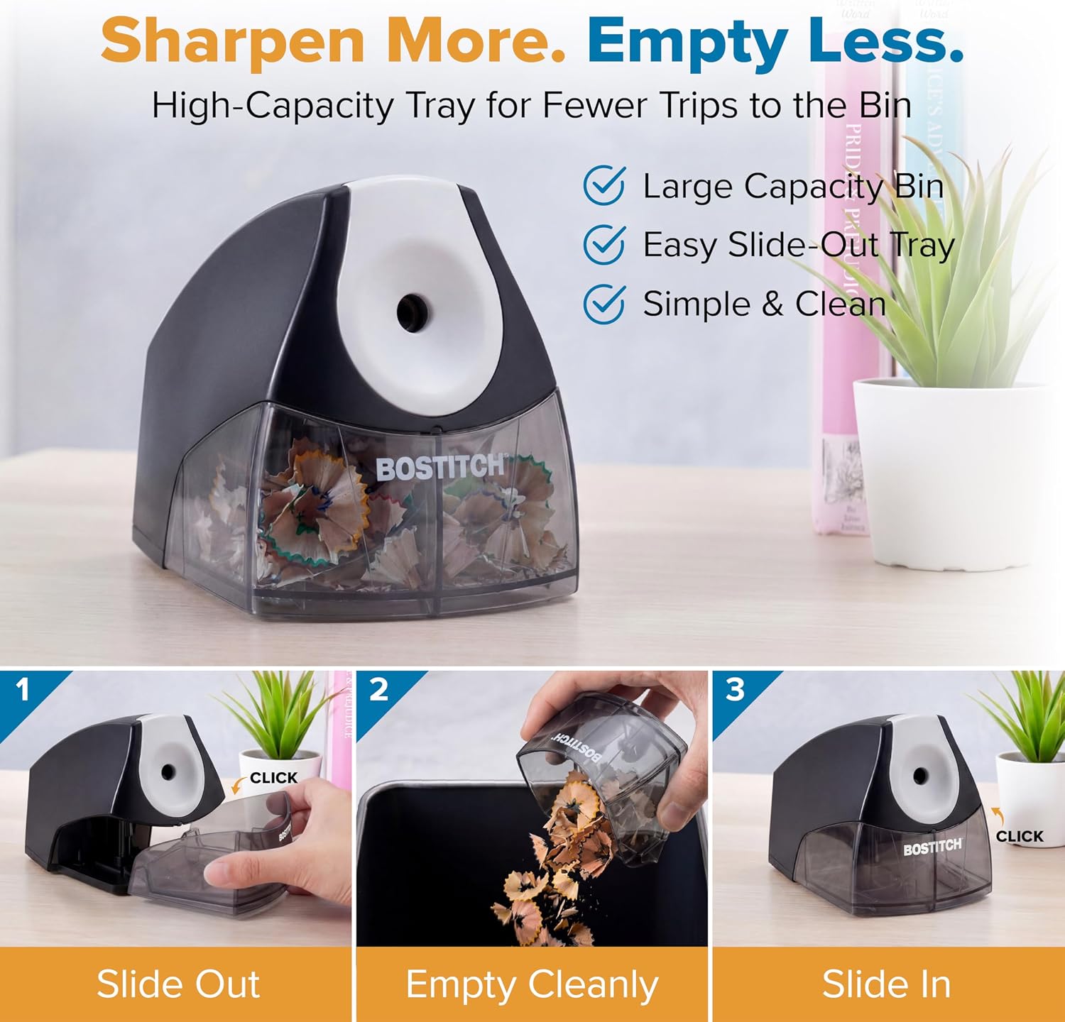Detalle 2 de Bostitch Office Electric Pencil Sharpener (Heavy Duty, Stall-Free Motor) with High-Capacity Shavings Tray, Black