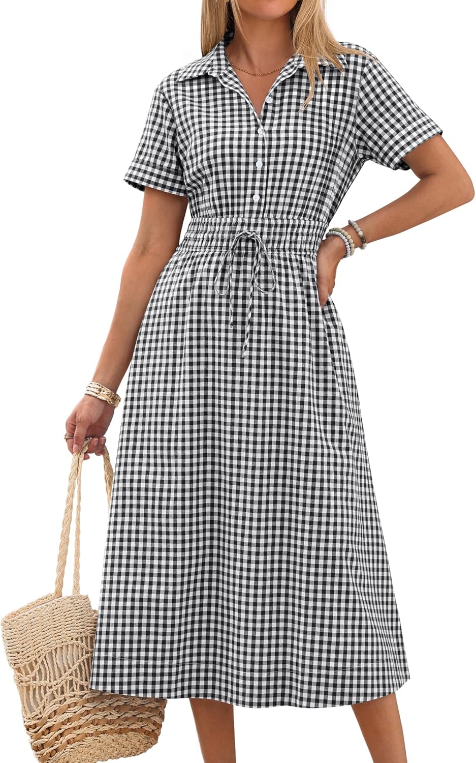Thumbnail 6 de ANRABESS Womens Summer Midi Dress with Striped Gingham and Button Collar