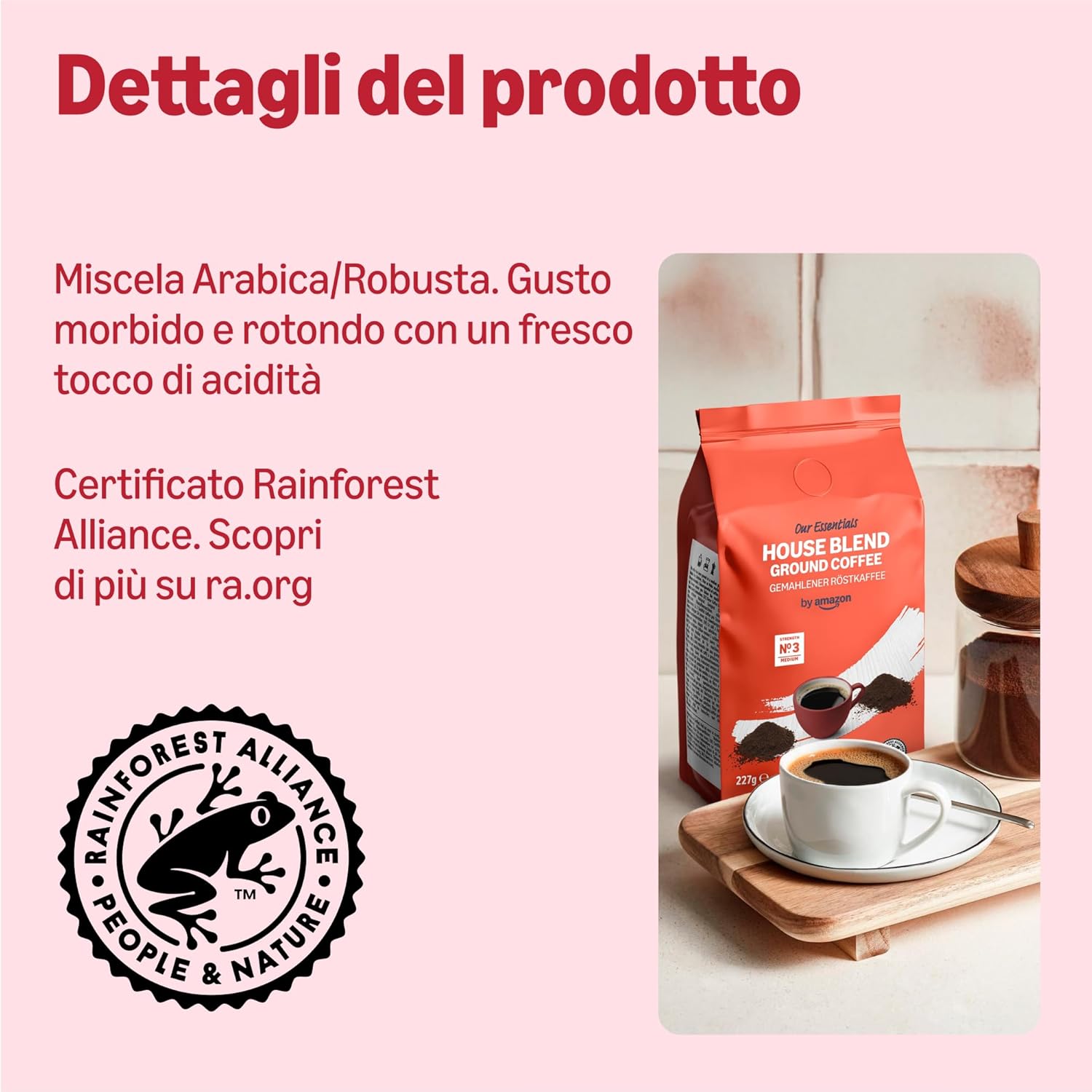 Detalle de By Amazon Caffè Macinato Tostatura Media 1,36 kg (6 Confezioni da 227 g) – Rainforest Alliance
