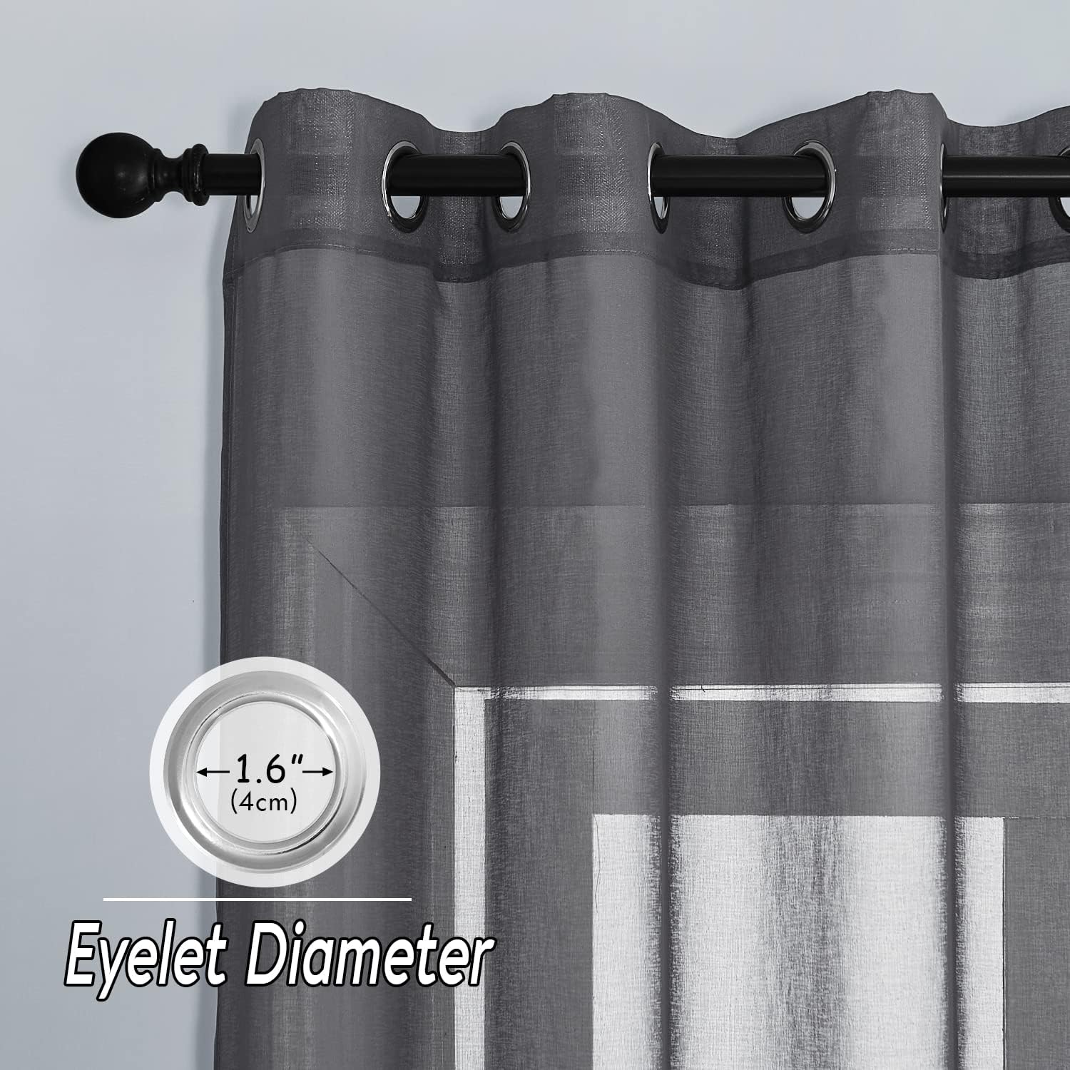 Detalle de PONY DANCE Graue Gardinen Transparent Wohnzimmer Voile – Leinenoptik, 2er-Set, Ø8 Ösen, 245 x 140 cm (H x B) – Dunkelgrau