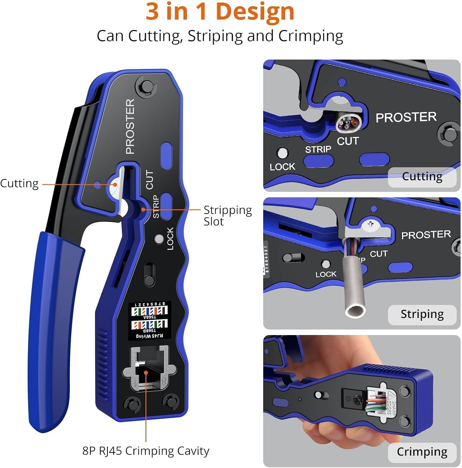 Detalle 2 de Proster Bleu, Pince seul 3-in-1 RJ45 Crimp Tool for Cat5 and Cat6