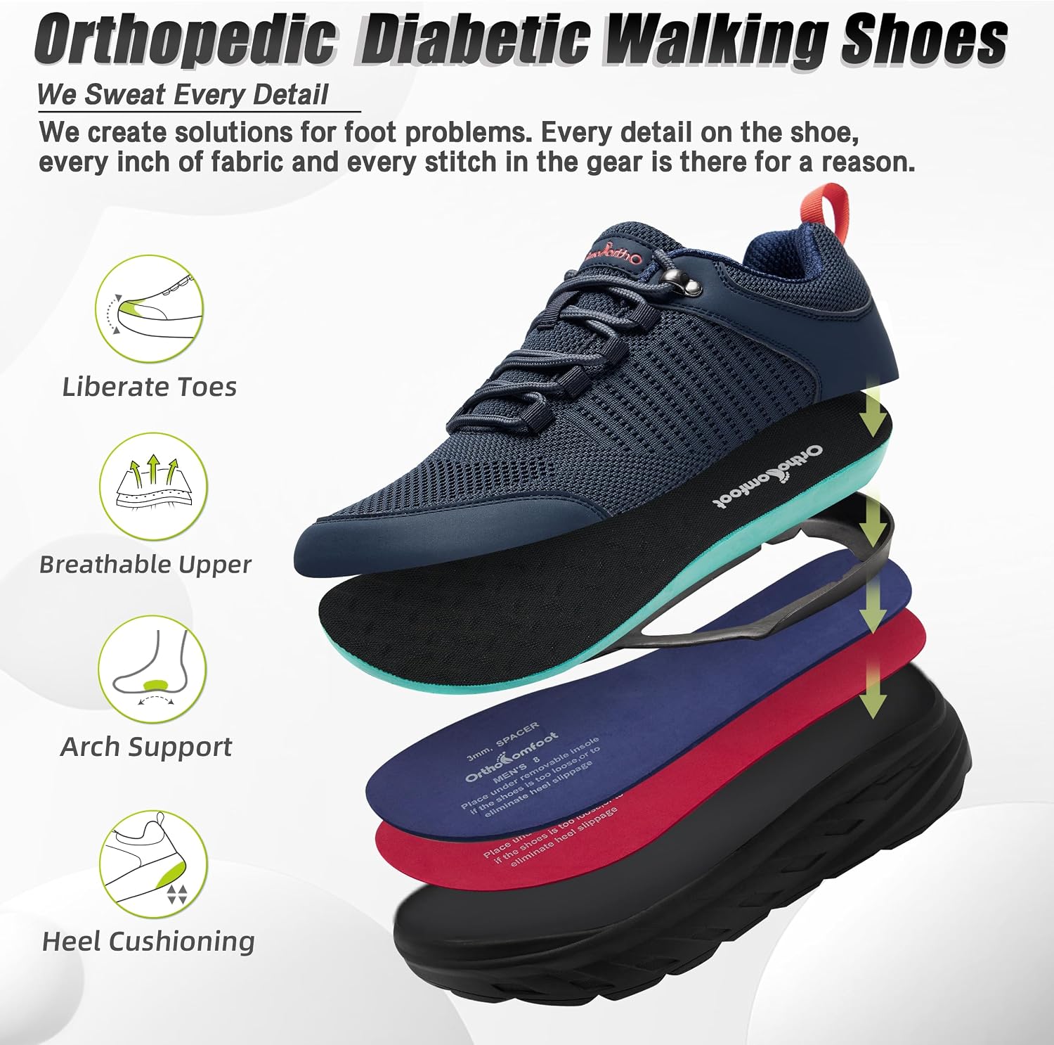 Detalle de OrthoComfoot Men's Wide Diabetic Sneakers with Removable TPU Arch Support