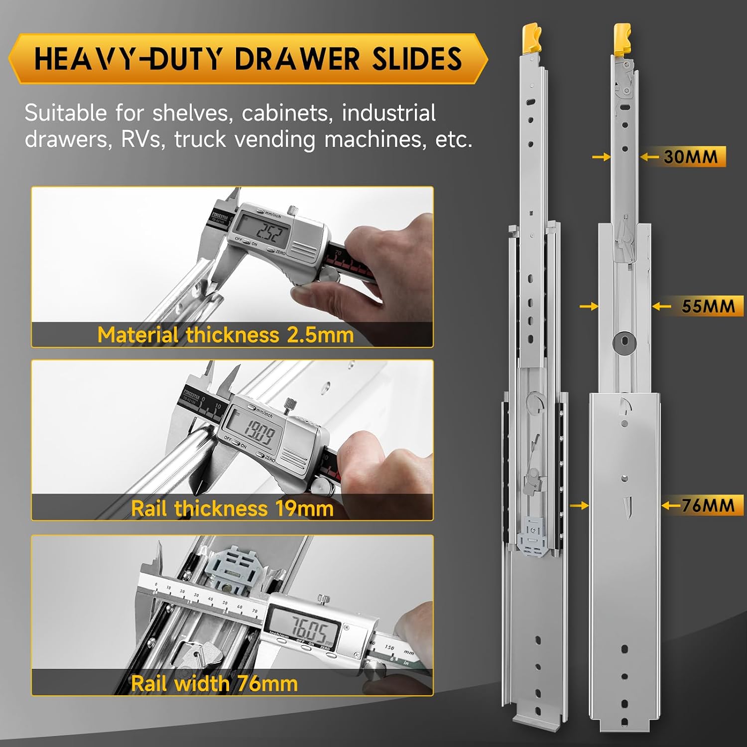 Detalle 2 de AOLISHENG Heavy Duty Drawer Runners with Lock, 210kg load capacity, side mount full extension (24 inch / 600mm) – 1 pair