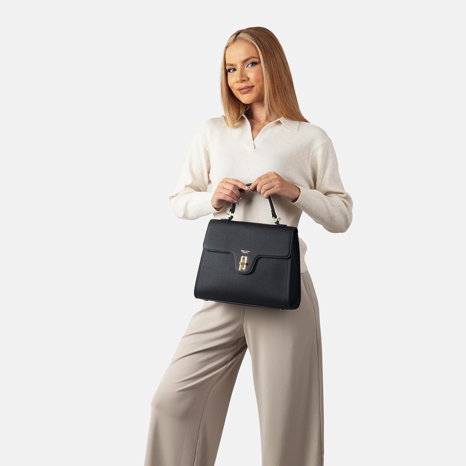 Detalle de Carlheim Gotland Estelle Genuine Leather Handbag (Schwarz) – hochwertige Ledertasche aus echtem Rindsleder