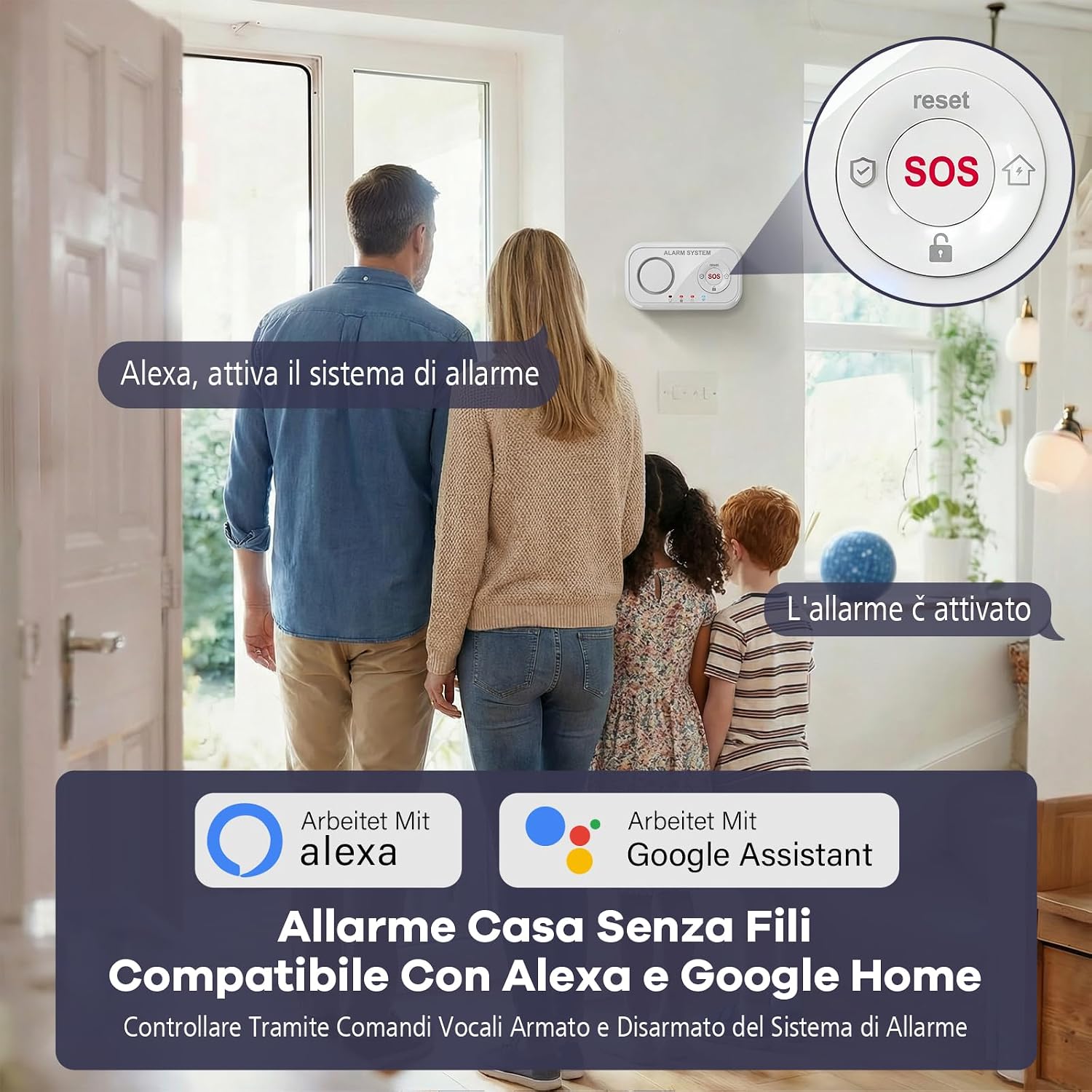 Detalle de YISEELE Allarme Casa Senza Fili con centrale 120 dB, 4 sensori e telecomando (compatibile Alexa e Google Home)