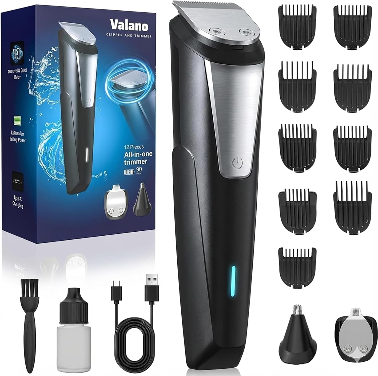 Detalle de Valano 3-in-1 Profi Haarschneidemaschine & Bartschneider – kabellos, 9 Aufsätze (1–16 mm) für Kopf bis Fuß