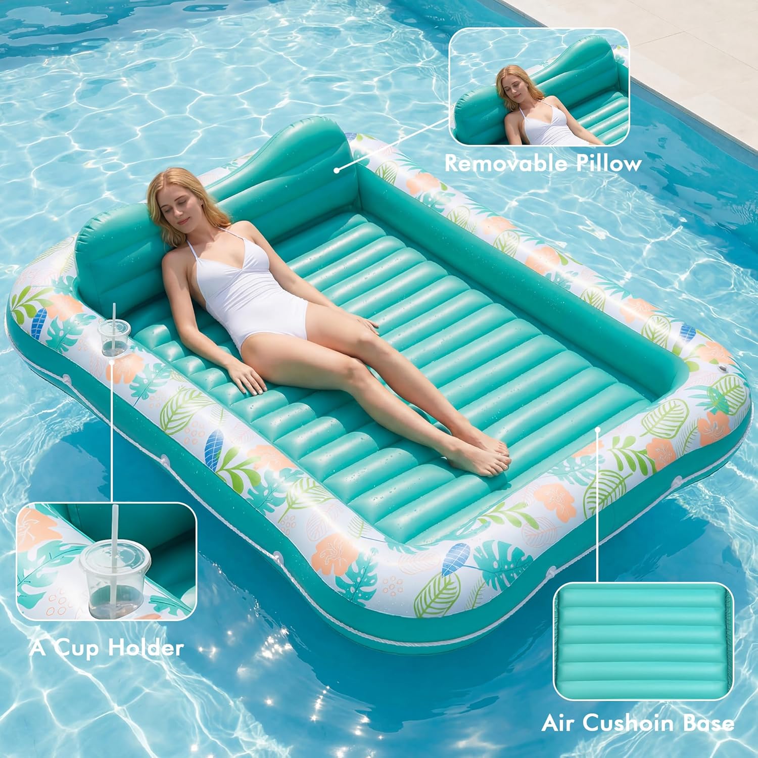 Thumbnail 6 de Inflatable Tanning Pool Lounger Float by Stonful — 87" x 63" with Pillow, Cup Holder, and Water-Filled Comfort