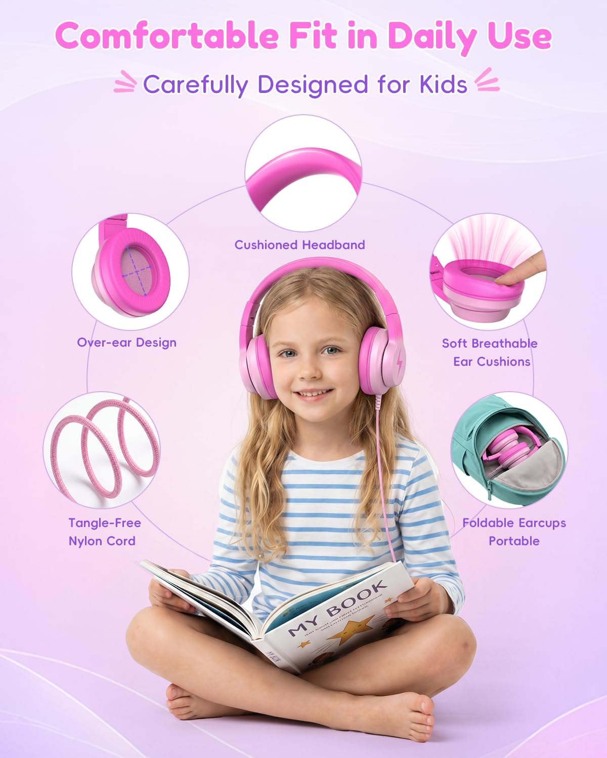 Detalle de Candy Bila USB-C Kids Headphones for School (85dB, Gradient Rose Pink)