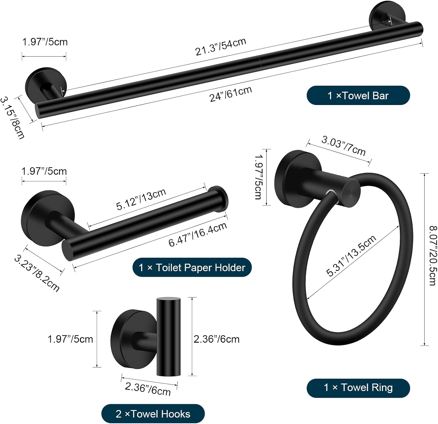 Thumbnail 6 de Ntipox YM0423 Matte Black 5-Piece Bathroom Hardware Set, 24-Inch Towel Bar