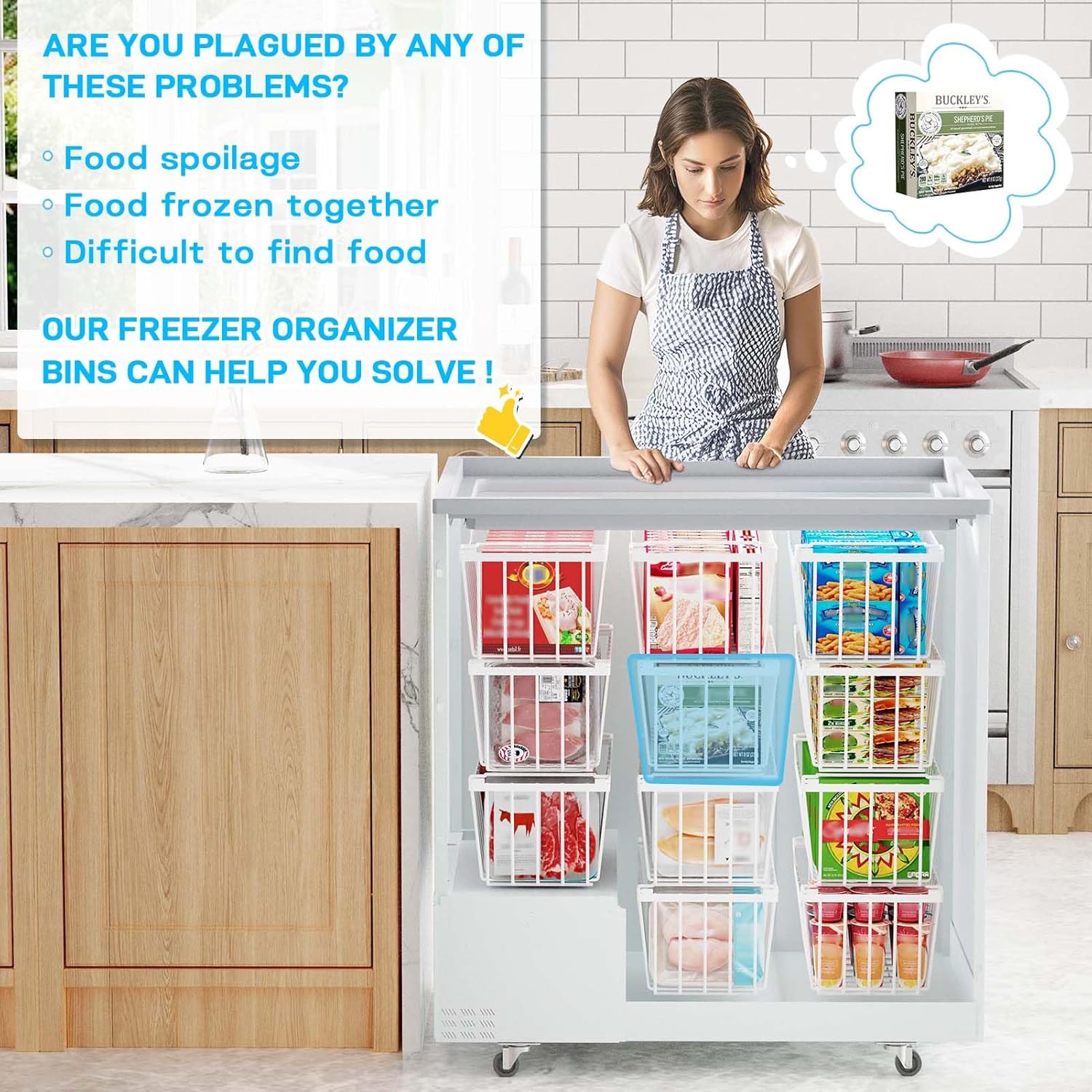 Thumbnail 6 de SUNALLY Freezer Organizer Bins (4-Pack) — Stackable chest freezer storage baskets with handles, white