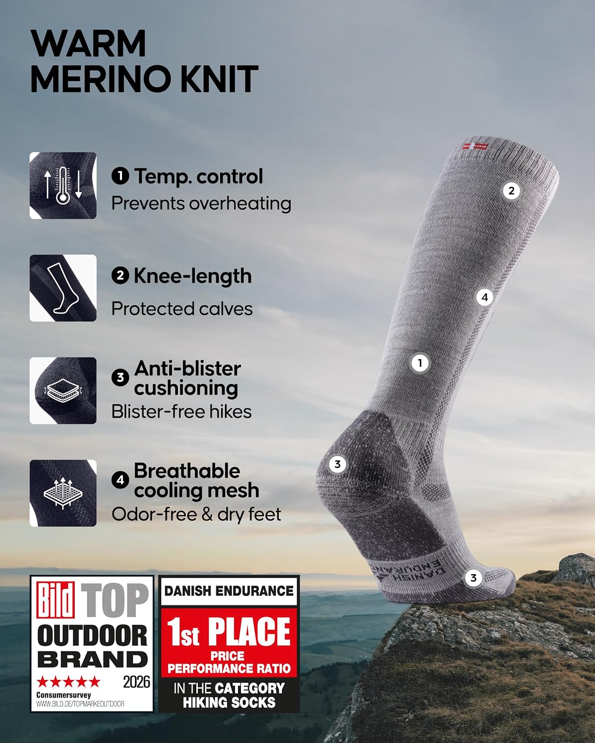 Detalle de DANISH ENDURANCE Merino Wool Knee-High Hiking Socks with Full Cushioning