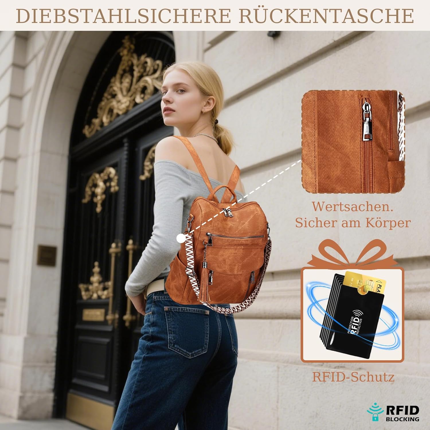 Detalle 2 de LEASOUL Damen Rucksack-Set wasserdicht mit RFID-Schutz, veganem Leder und Diebstahl-Features