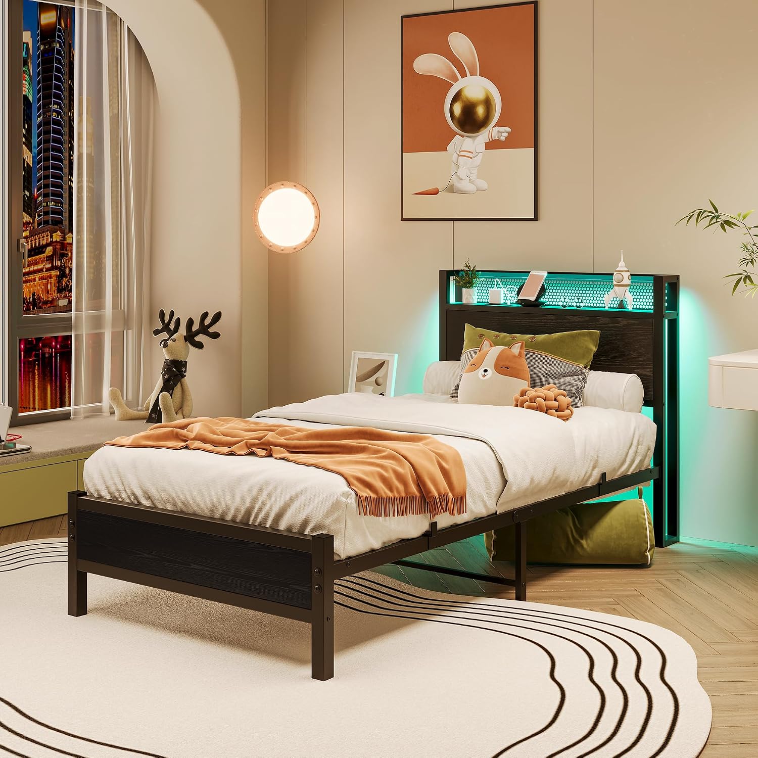 Detalle de Diolong 1012E Twin Bed Frame with RGB LED Lights and USB Charging Station
