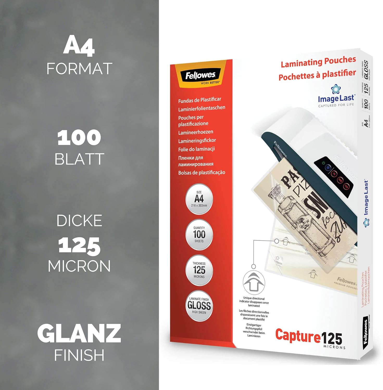 Thumbnail 1 de Fellowes A4-Laminierfolien, glänzend, 100 Blatt, 250 Mikron (2×125), Image Last Qualität – ideal für Fotos, Notizen & täglichen Gebrauch