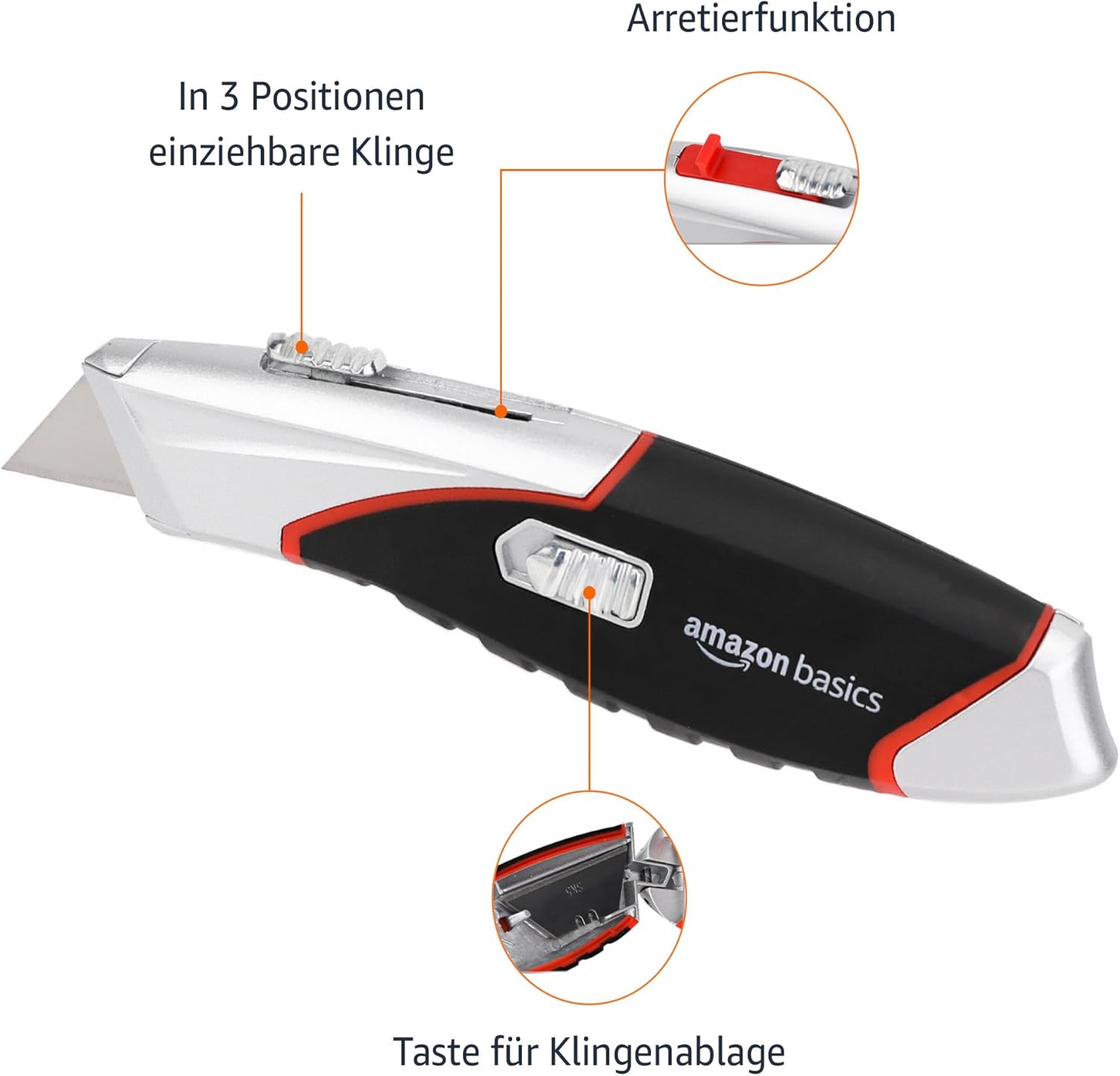 Detalle de Amazon Basics robustes, einziehbares Allzweckmesser mit automatischer Ladefunktion – 3 Positionen, 5 Klingen