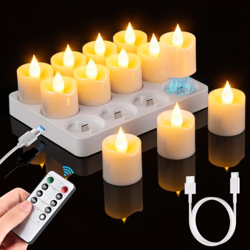 Detalle de LaiTeny LED Teelichter 12er Set Wiederaufladbar mit Ladestation und Fernbedienung – inklusive Timer