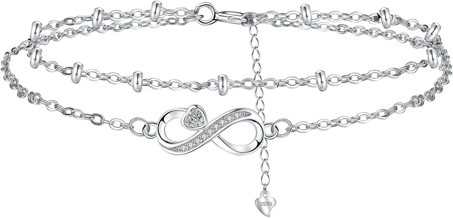 Hifeeled Fußkettchen Damen Silber 925 – Doppelketten mit Kugelperlen, verstellbar 22 cm + 4 cm