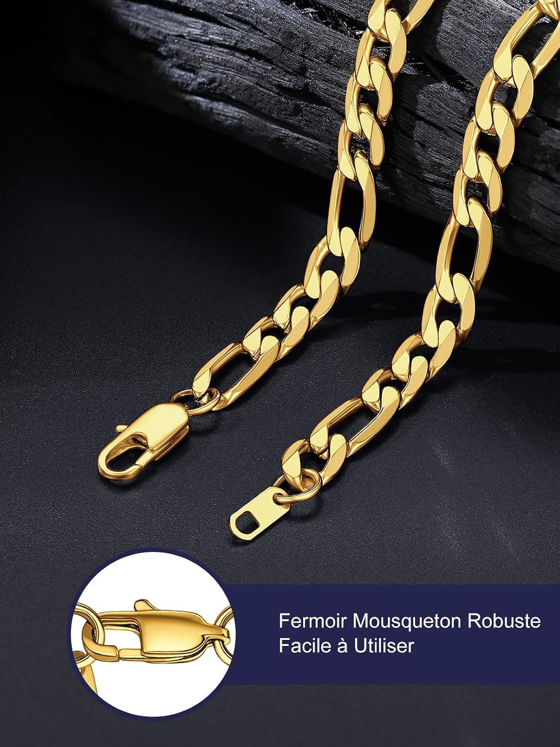 Detalle de Bandmax Chaîne Figaro 3 en 1 acier inoxydable 316L plaqué or 18 carats – collier homme / femme