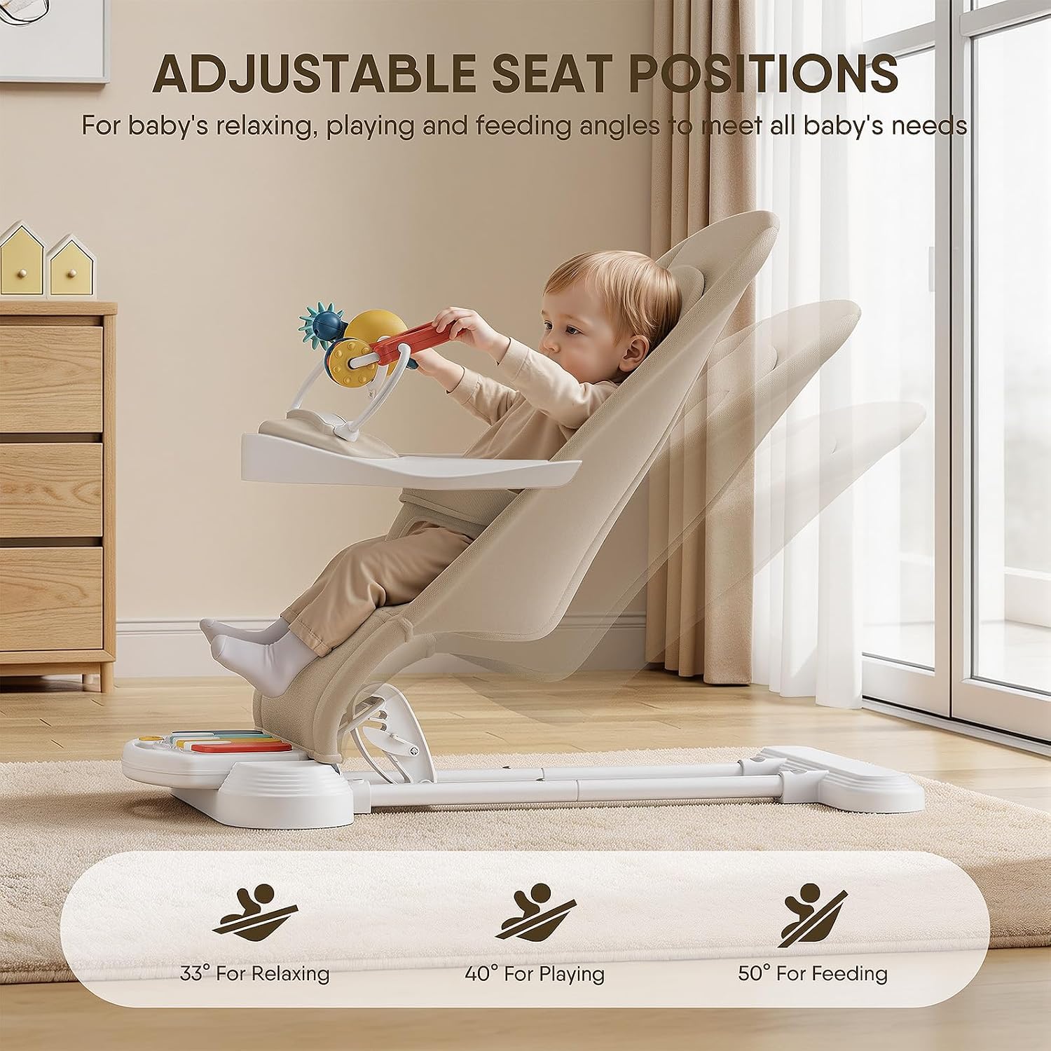 Detalle de Monamii Baby Bouncer with 3 Adjustable Positions, Feeding Tray and Piano