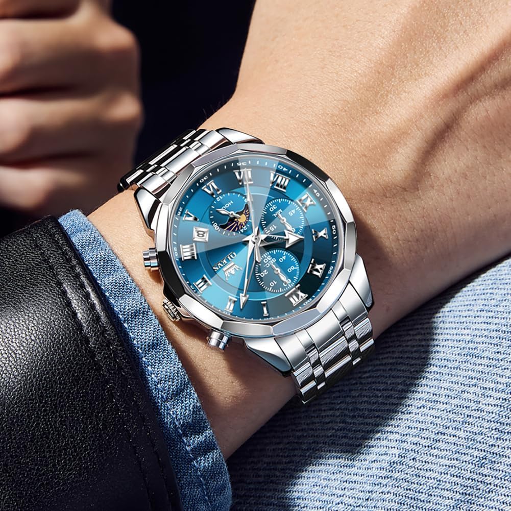 Thumbnail 3 de OLEVS Herren Uhr Quarz Luxus – Multifunktion Chronograph Mondphase, Edelstahl, 3 ATM