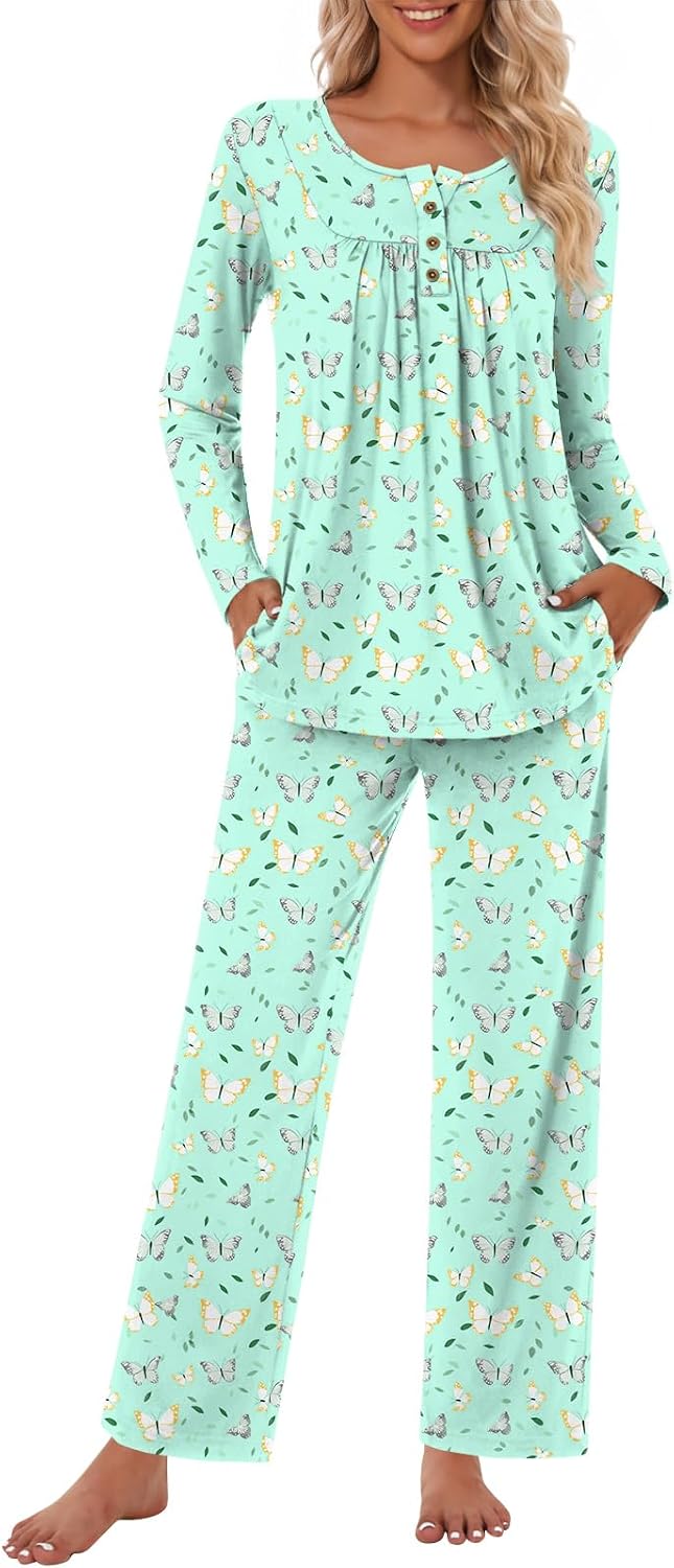 Detalle de Bestbee Women's Two-Piece Pajama Set, Long Sleeves, Pockets, Rayon-Spandex