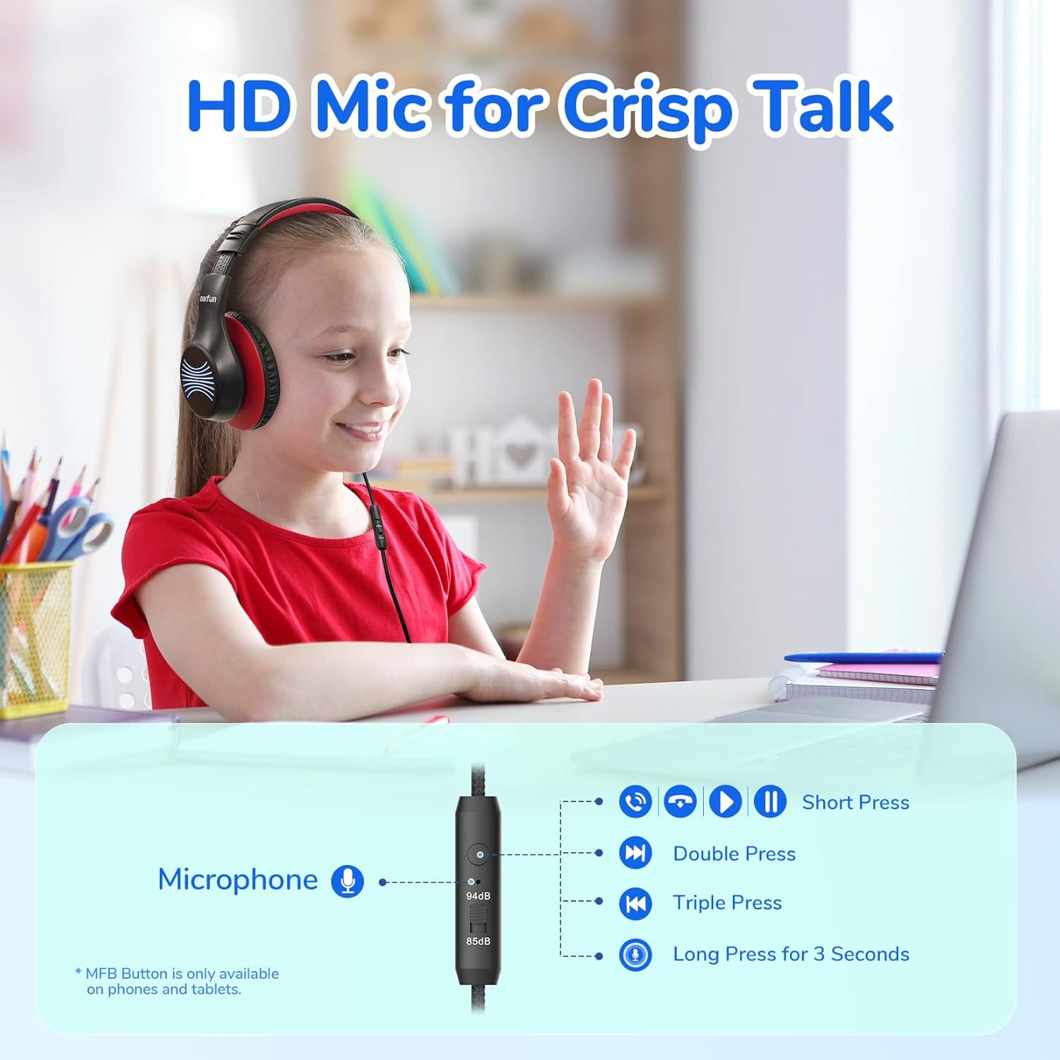 Detalle de EarFun K3 Kids headphones 85 dB volume limit