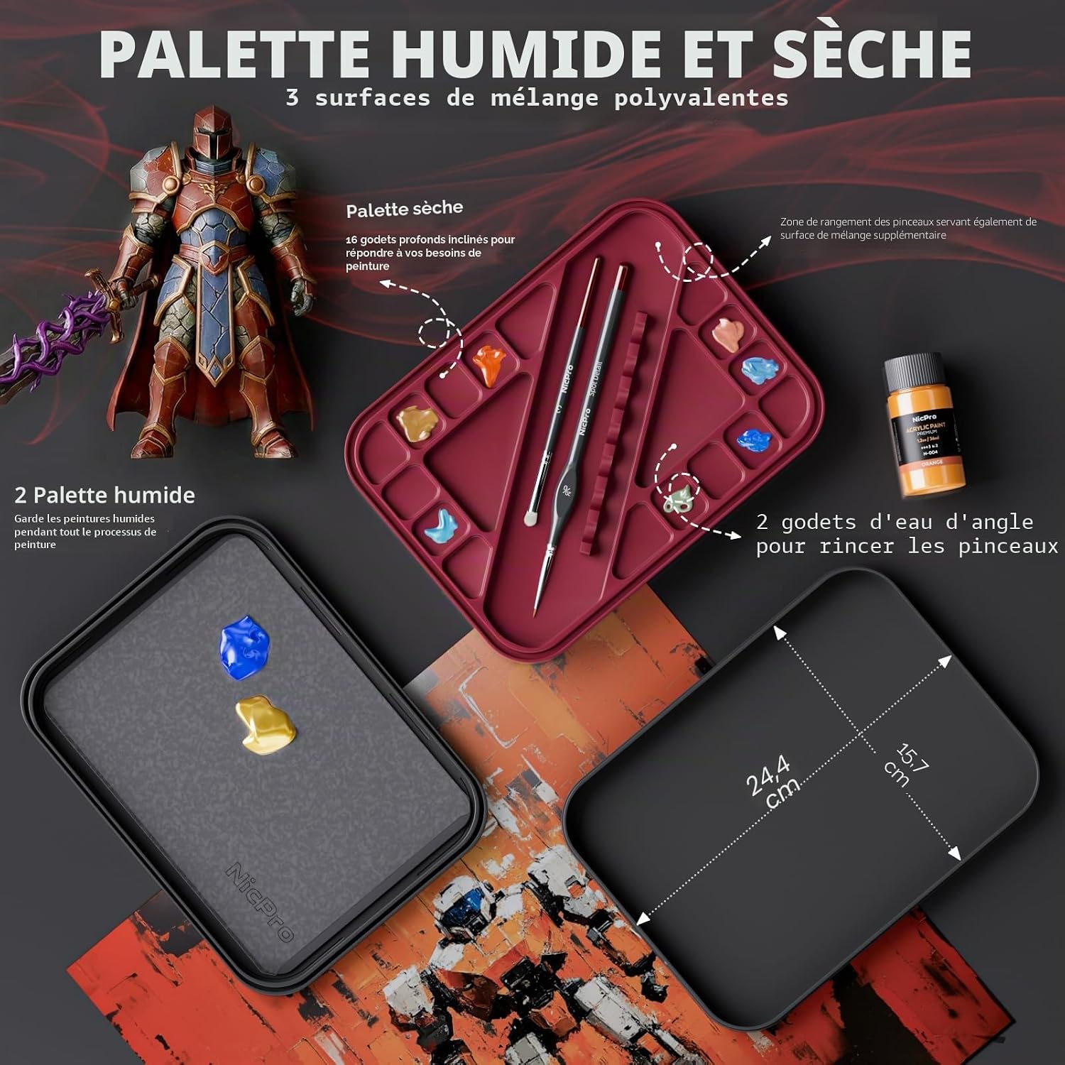 Detalle de Nicpro Kit de Peinture Miniature Professionnel — Palette Humide 2 en 1 et 16 pinceaux
