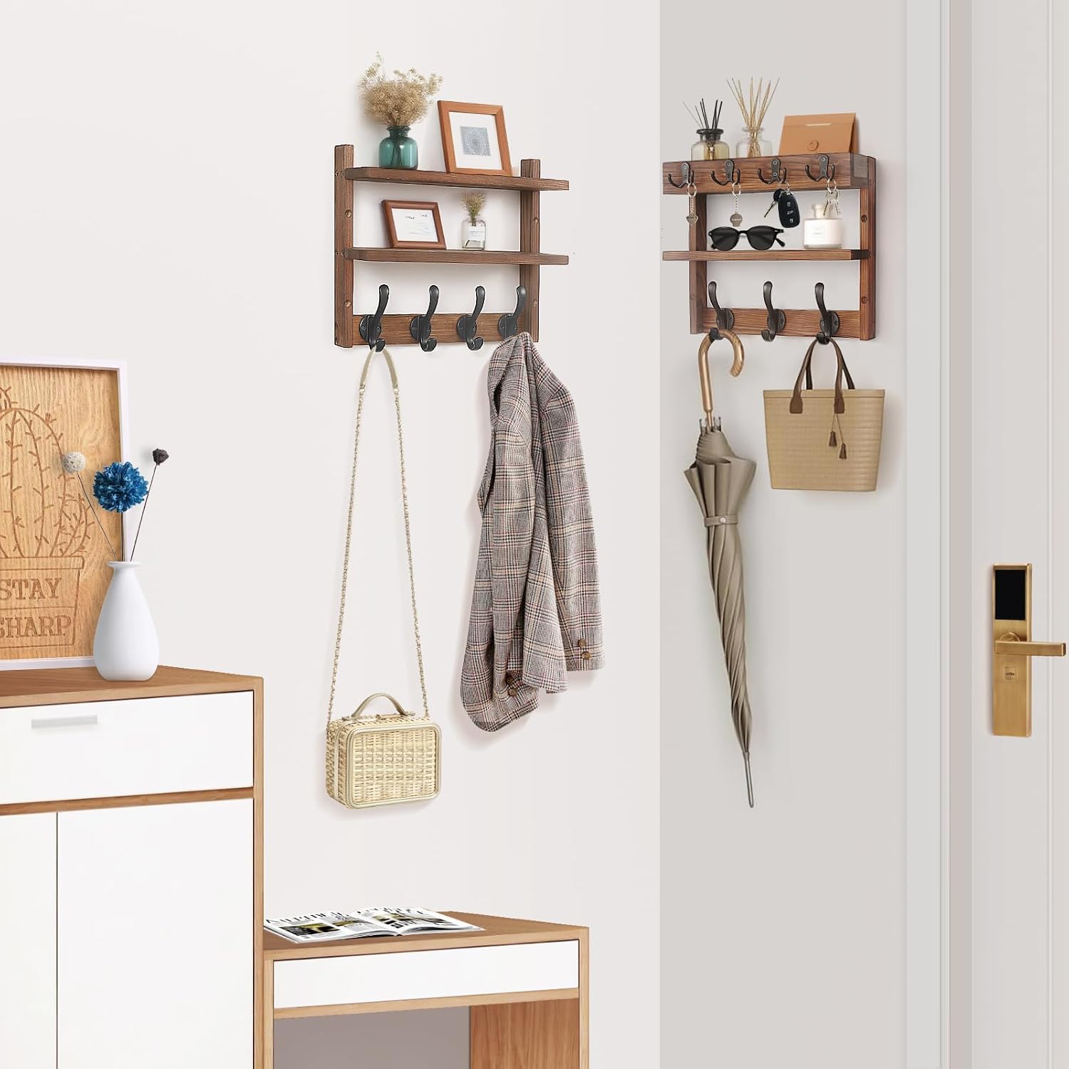 Detalle 2 de Pine Wall-Mounted Coat Rack with Shelf