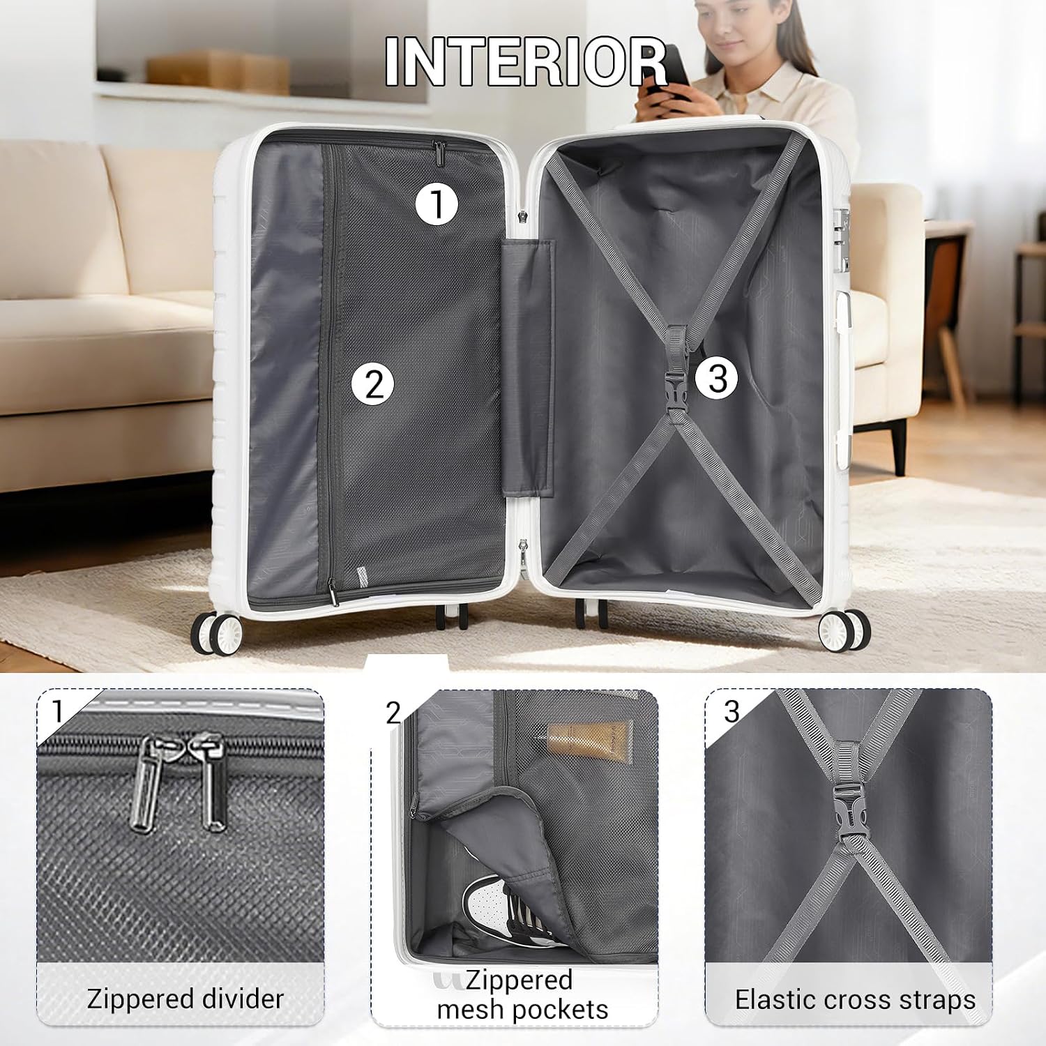 Thumbnail 5 de Kono Medium PP Trolley Suitcase, 61L, White with Spinner Wheels and TSA Lock