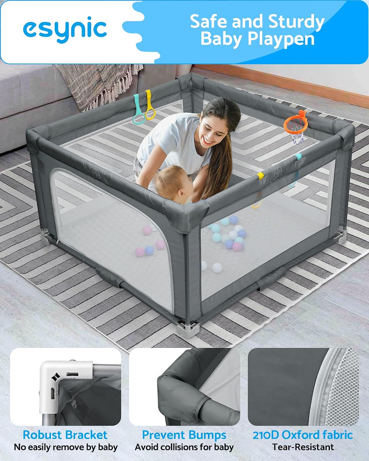 Detalle de eSynic Large Foldable Baby Playpen (150 x 150cm) with Soft Mat, 50 Balls & Basketball Hoop
