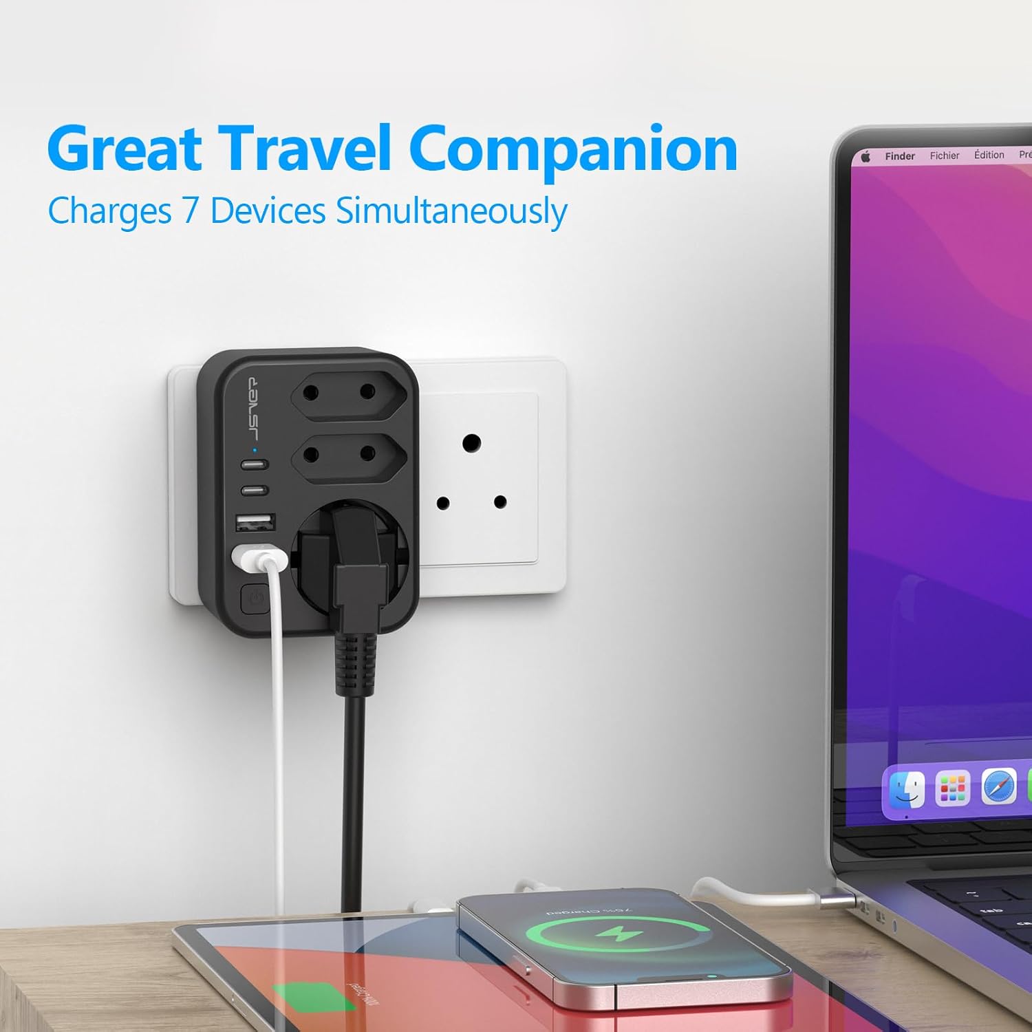 Detalle 2 de JSVER Reiseadapter Südafrika Typ M – 7-in-1 Steckdosenadapter mit 2 USB-C und 2 USB-A