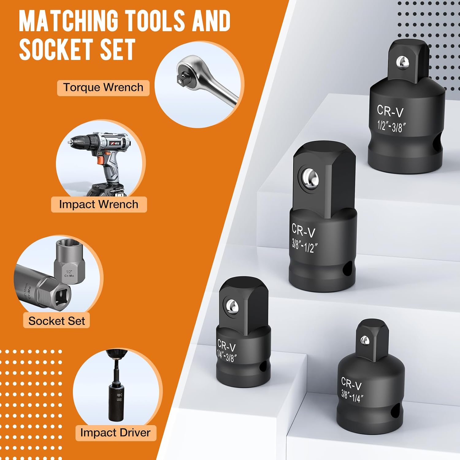 Thumbnail 4 de 2-Piece Impact Socket Adapter & Reducer Set: 3/8 to 1/2 and 1/2 to 3/8 with Spring-Loaded Stop