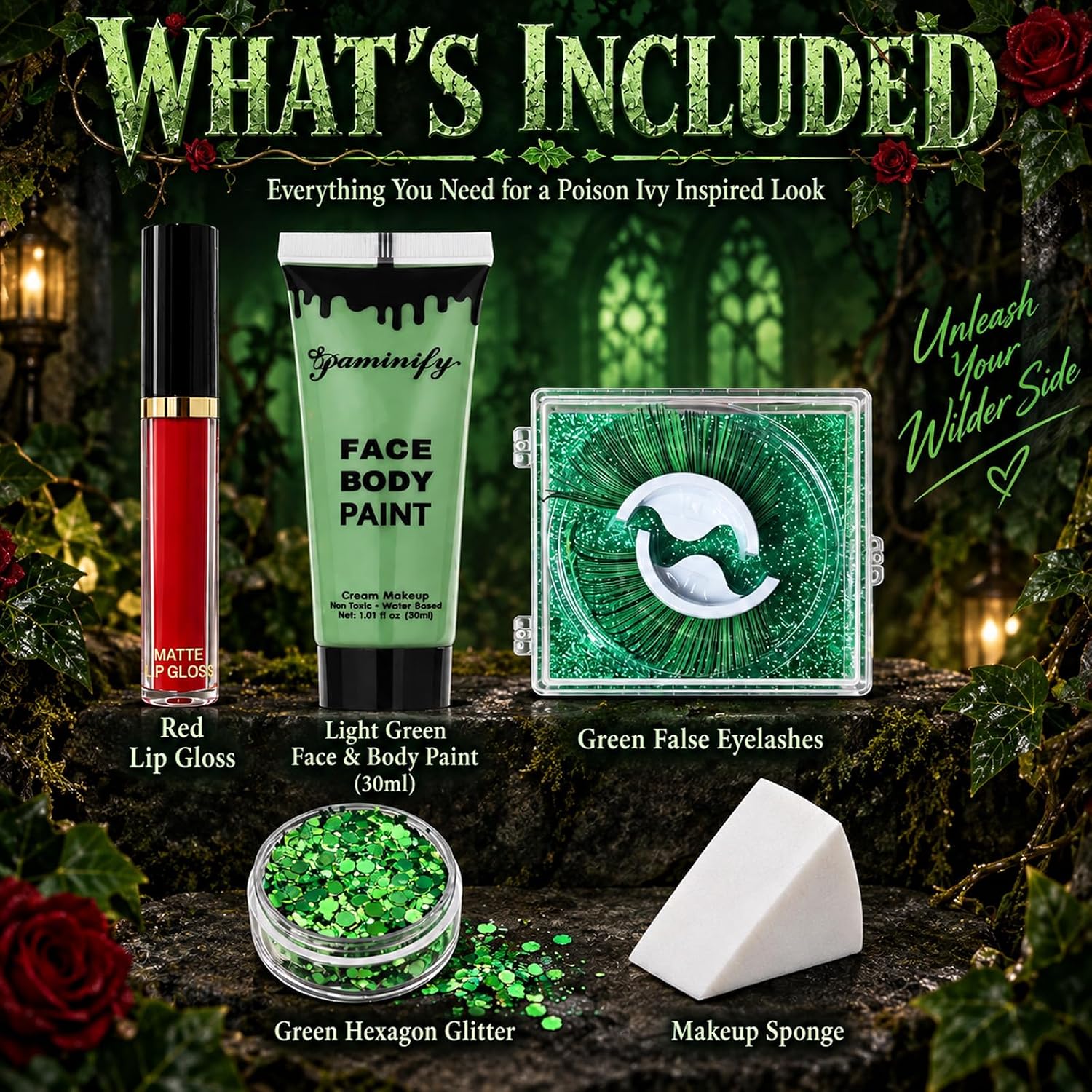 Detalle 2 de Paminify Halloween Green Ivy Makeup Set with Green Paint, Glitter and Lashes