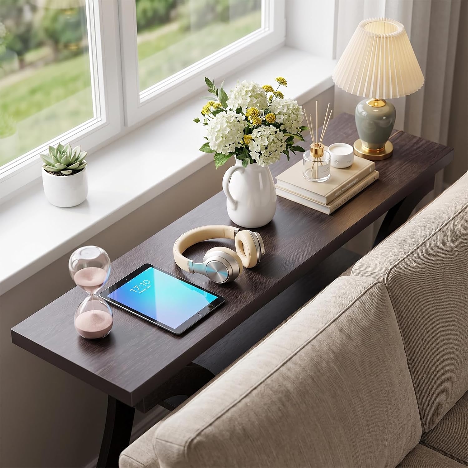 Detalle de UODERS CONTEB- 3-Tier Wood Console Table, Brown, 47.25 in. with Curved Legs