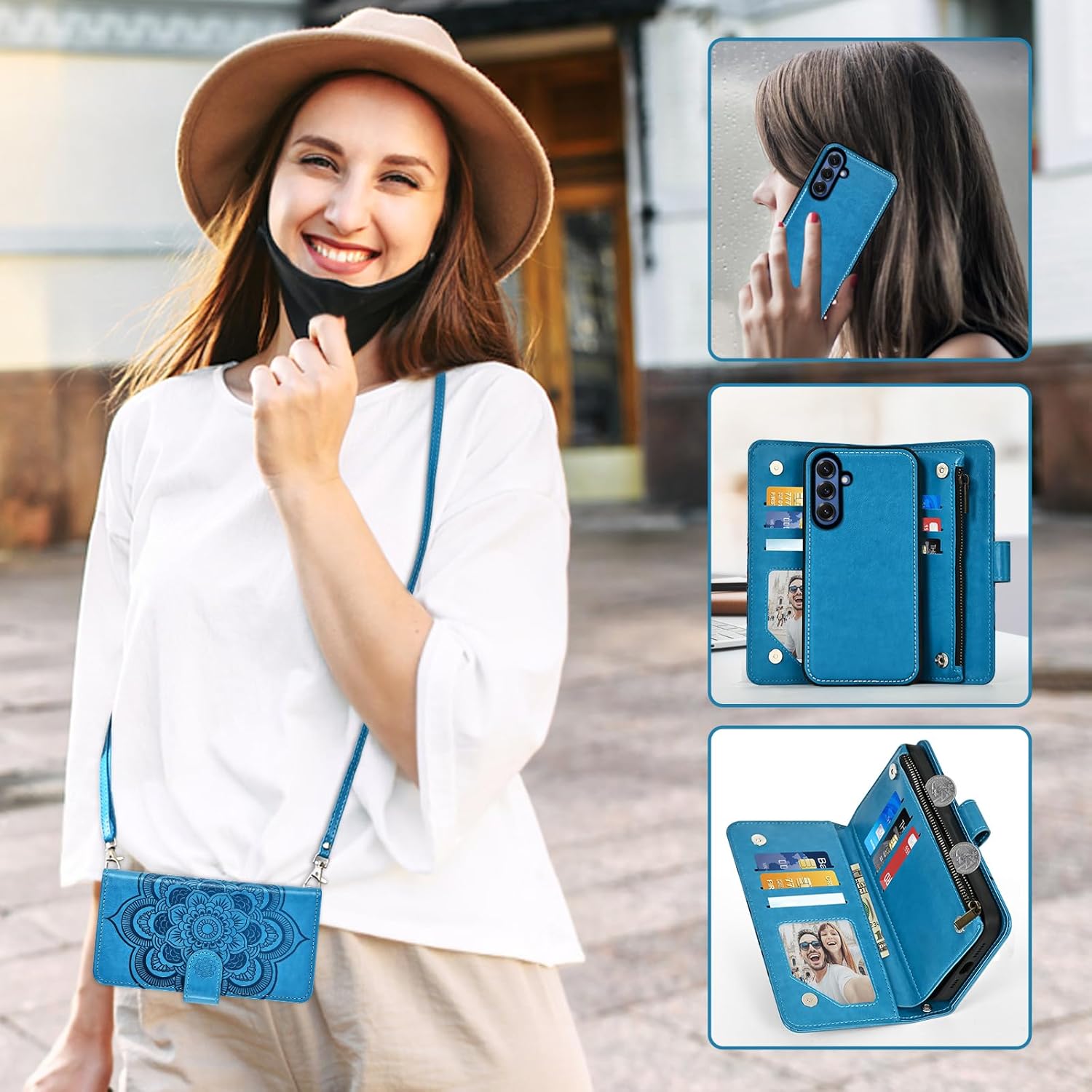 Thumbnail 5 de Asuwish Blue Zipper Wallet Case with Detachable Straps for Samsung Galaxy S25 5G