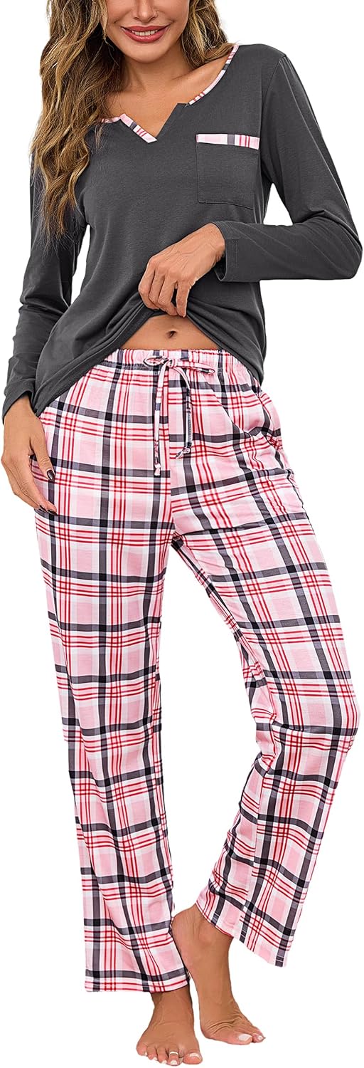 Detalle de Bresdk Pyjama Femme Hiver Coton – Ensemble 2 pièces à Carreaux, manches longues, poches, confort et chaleur