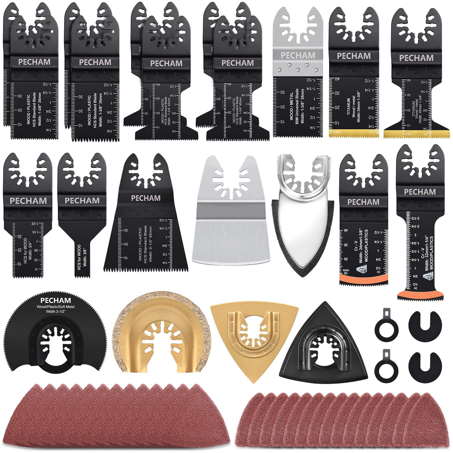 Detalle de PECHAM Tools-001 104-Piece Oscillating Multi-Tool Blade Set with Titanium-Coated Teeth
