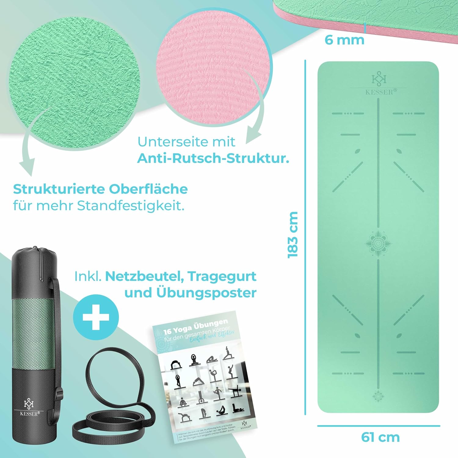 Thumbnail 1 de KESSER Gymnastikmatte mit Tragegurt – rutschfeste TPE Yogamatte 183 x 61 cm für Yoga, Pilates & Fitness
