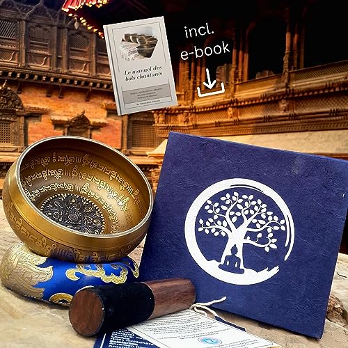 Detalle de XL Bol chantant fait main au Népal – Set tibétain pour méditation et yoga, fuseau cuir, boîte Lokta – Hātakāma Nēpāla