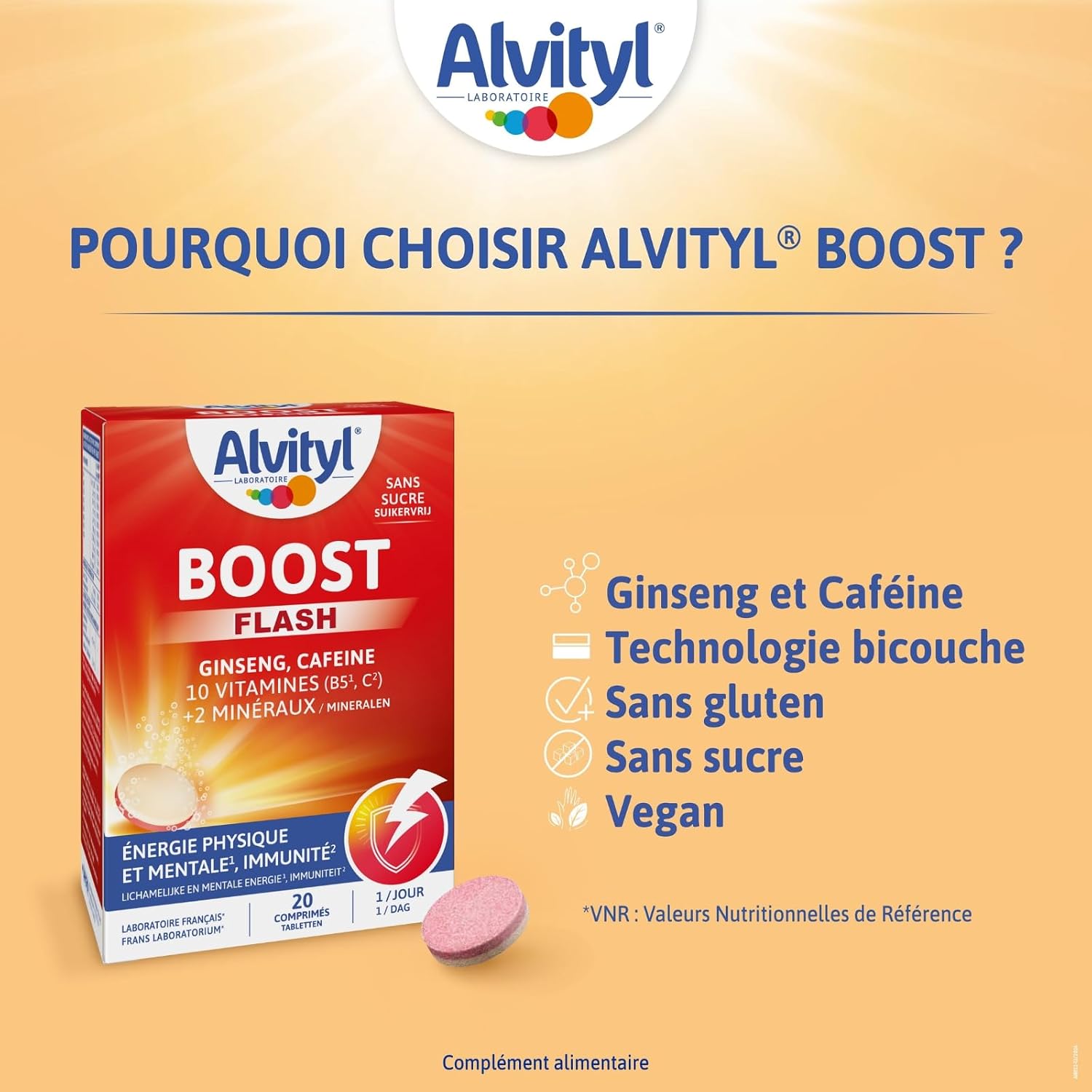 Detalle 2 de Alvityl Boost comprimés effervescents ginseng et caféine, 20 comprimés dès 15 ans
