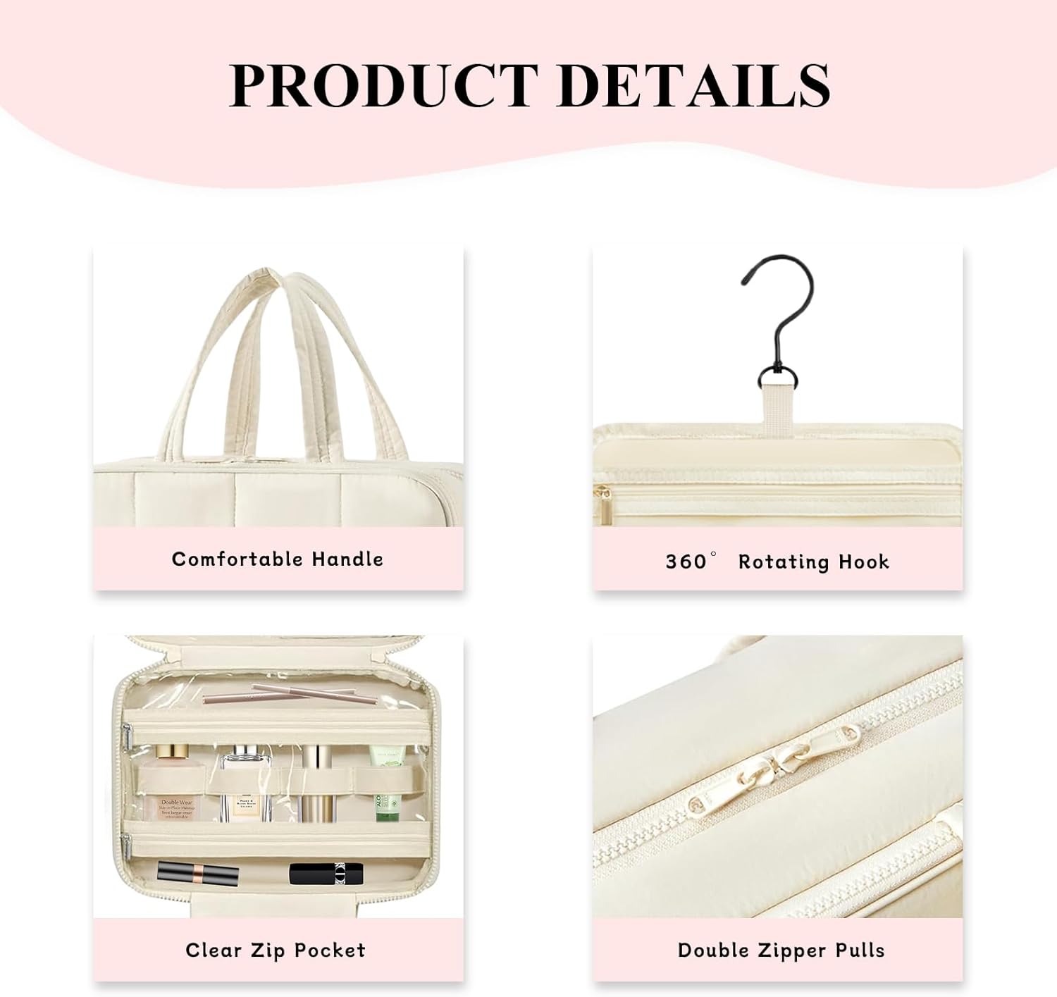 Detalle de Aucuu Trousse de Maquillage Suspendue Grande - Grande Capacité avec Crochet et Compartiments, Beige