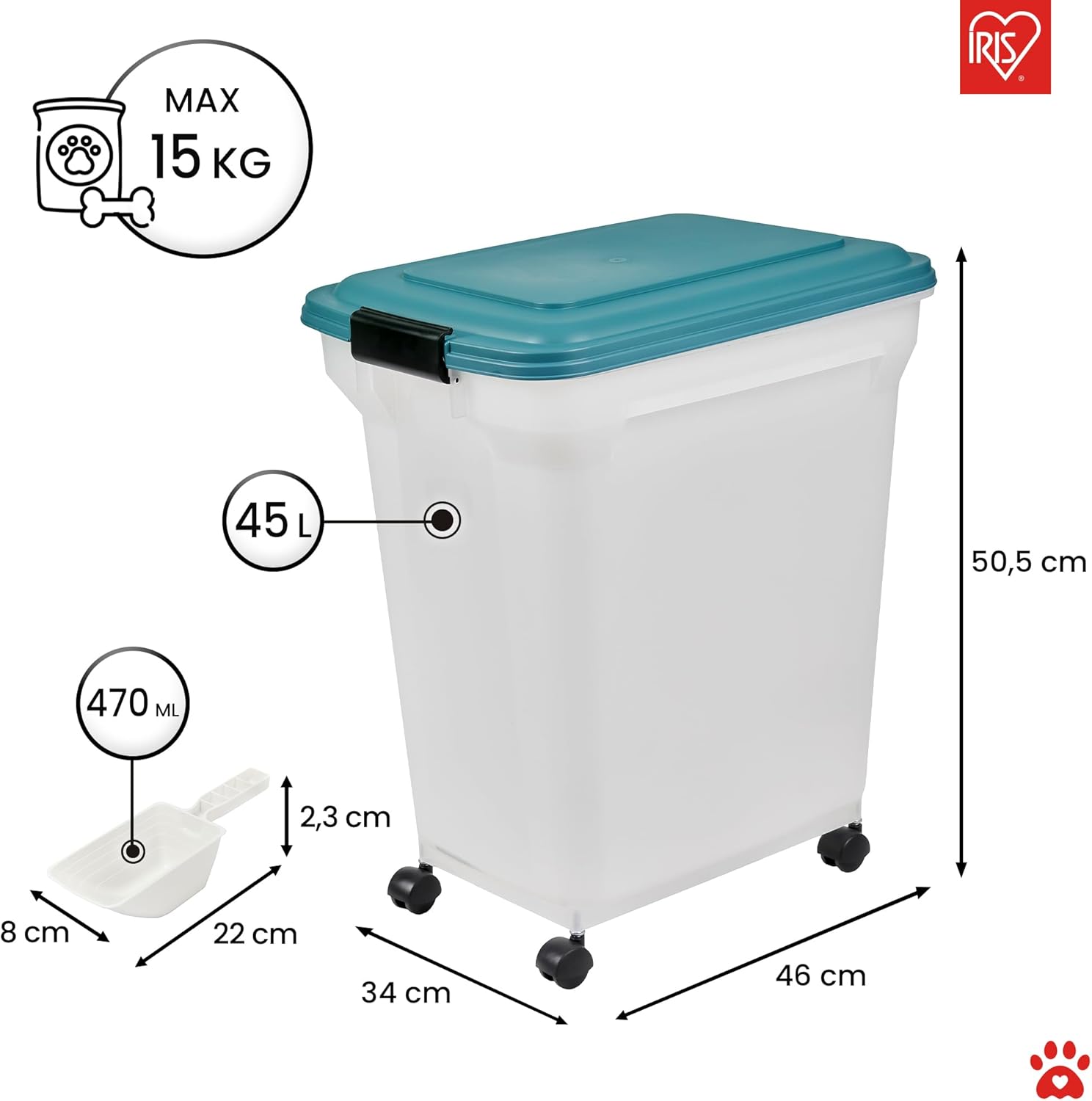 Detalle de Iris Ohyama Boîte Hermétique à Croquettes 40 L / 15 kg avec Roues et Pelle – Bleu Sarcelle